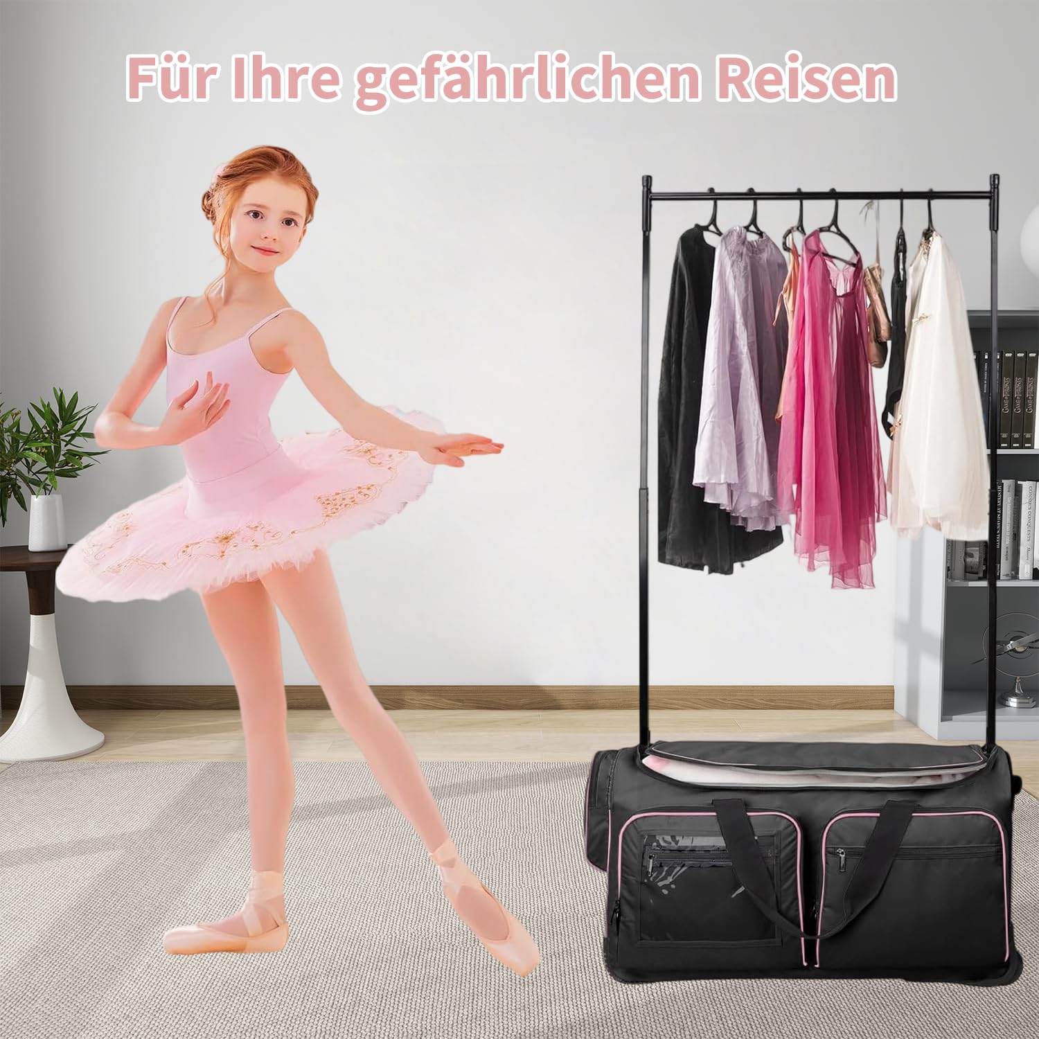 Sac de danse 28" avec porte-vêtements, sac à vêtements de compétition de danse avec roues, sac de voyage pliable, léger et résistant à l'usure, tissu imperméable pour danseurs, Noir , Pliable