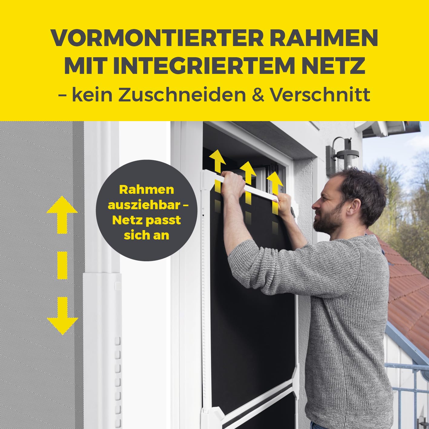 EASYmaxx Insect Protect Fliegengitter Balkontür | Teleskop Fliegengitter Tür mit integriertem Netz | Insektenschutz Balkontür ohne Zuschneiden | Ohne Bohren | max. ca. 122 x 285 cm