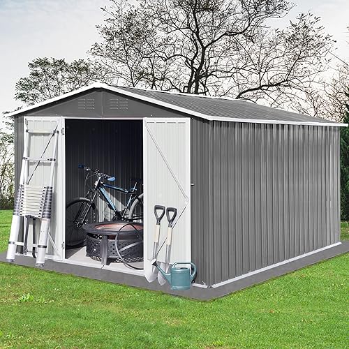 Miniatura 4 de Cobertizos para exteriores de 10 x 8 pies y espacio de almacenamiento al aire libre, casa de herramientas de metal anticorrosión con puerta con