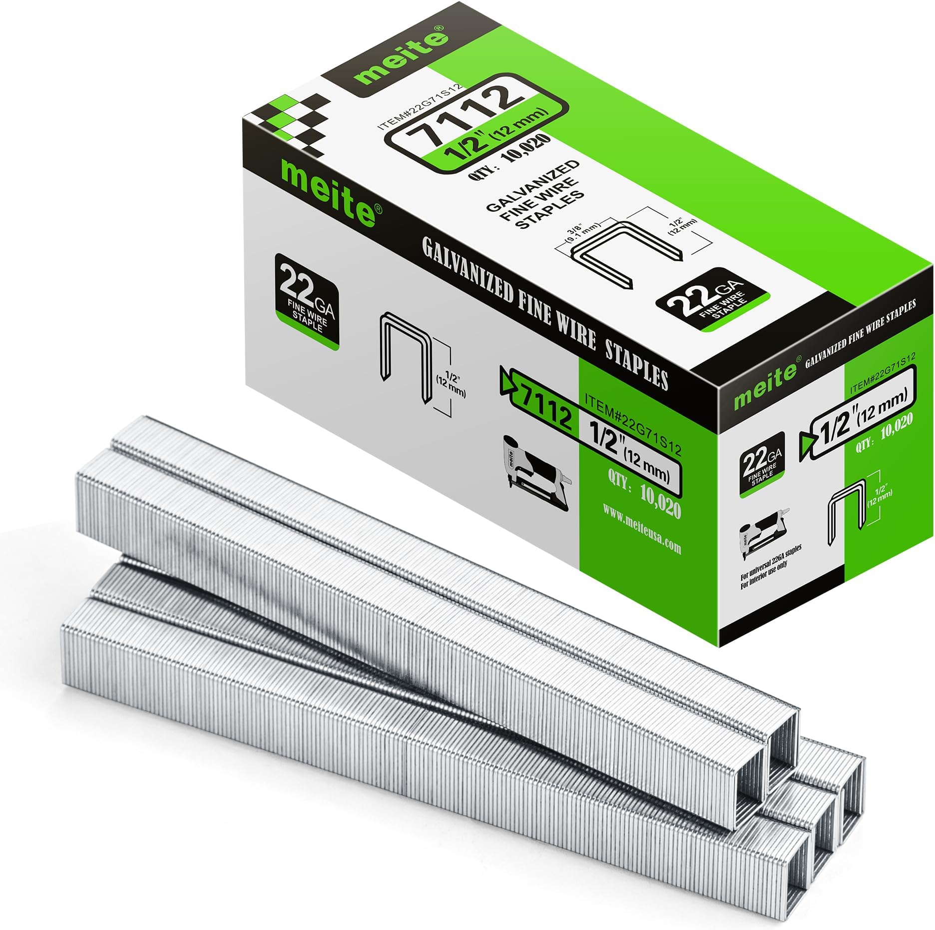meite Type 71/12 mm Staples, Galvanised Type 71 Upholstery Staples for Staple Gun, 22 Gauge, 9.1 mm Crown, Ideal for Carpet, Work Box, Cable, Shed, Fence (10,000 Counts)
