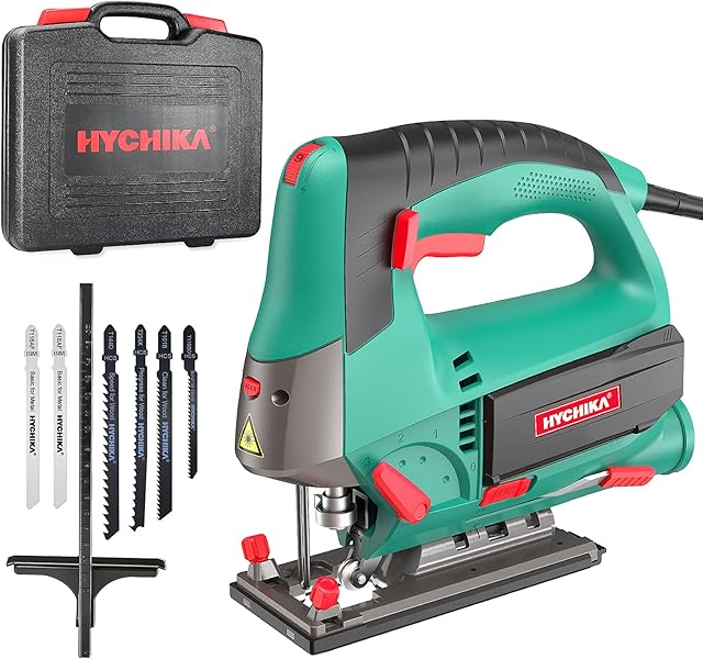 Jig Saws, 800W Max Cutting Depth 110mm for Wood, 800-3000 SPM HYCHIKA Electric Jigsaw with Laser, 6 Variable Speeds, 0-3 Orbital Sets, -45° to +45° Bevel Cutting, 6 Blades and Carrying Case