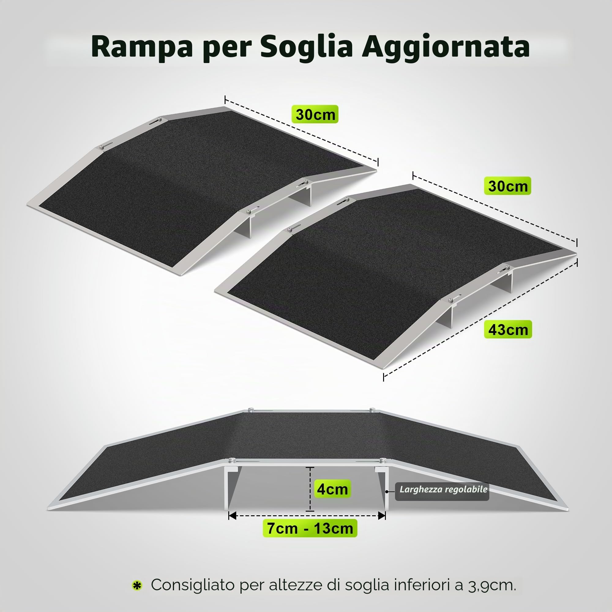 2 rampe per soglie a ponte in alluminio per porte, 30 cm di lunghezza x 4 cm di altezza, adatte a soglie larghe 7-13 cm, con barre regolabili, rampe antiscivolo per sedia a rotelle per casa