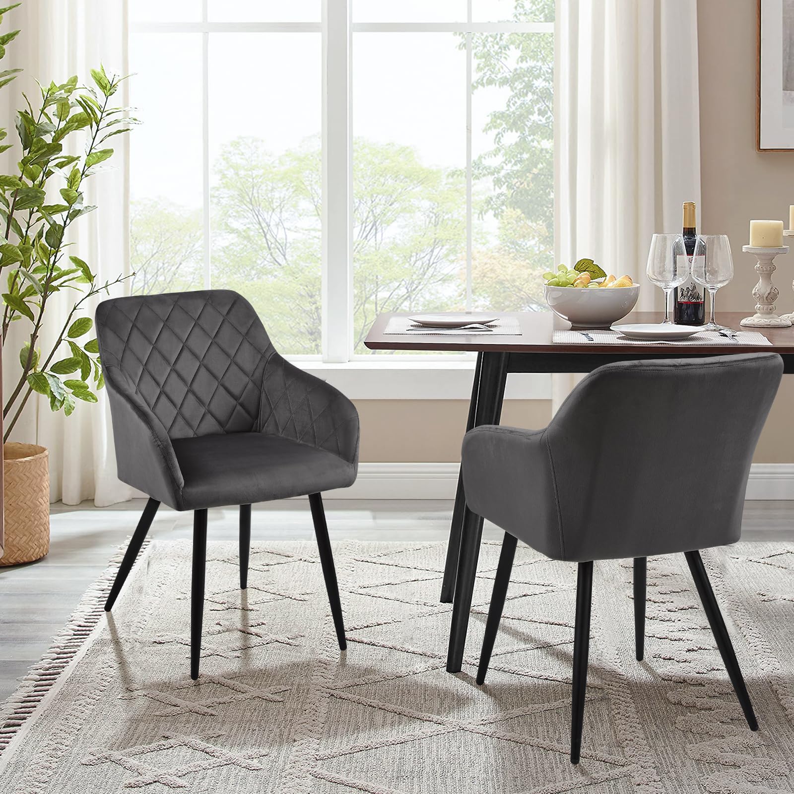 CLIPOP Dining Chairs Set of 2 Kitchen Chairs with Arms and Metal Legs, Upholstered Armchairs for Living Room Dining Room Lounge, Velvet, Grey — image 1