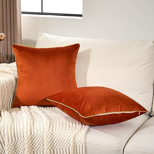 Aeckself Paquete de 2 fundas de almohada de terciopelo naranja quemado de 20 x 20 pulgadas, fundas de almohada decorativas de lujo modernas con