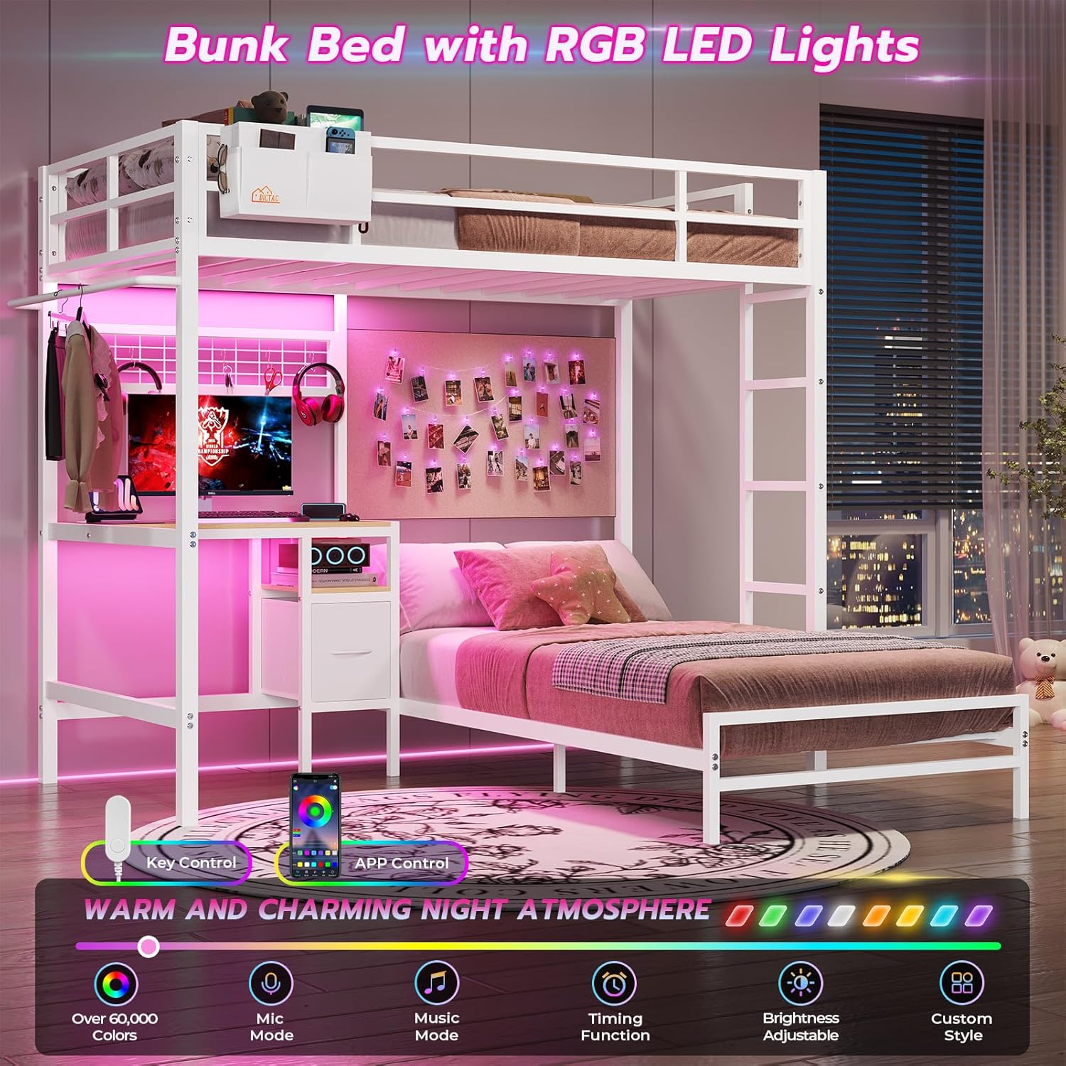 DICTAC Bunk Bed storage features including open shelves, fabric drawer, and bedside caddy.