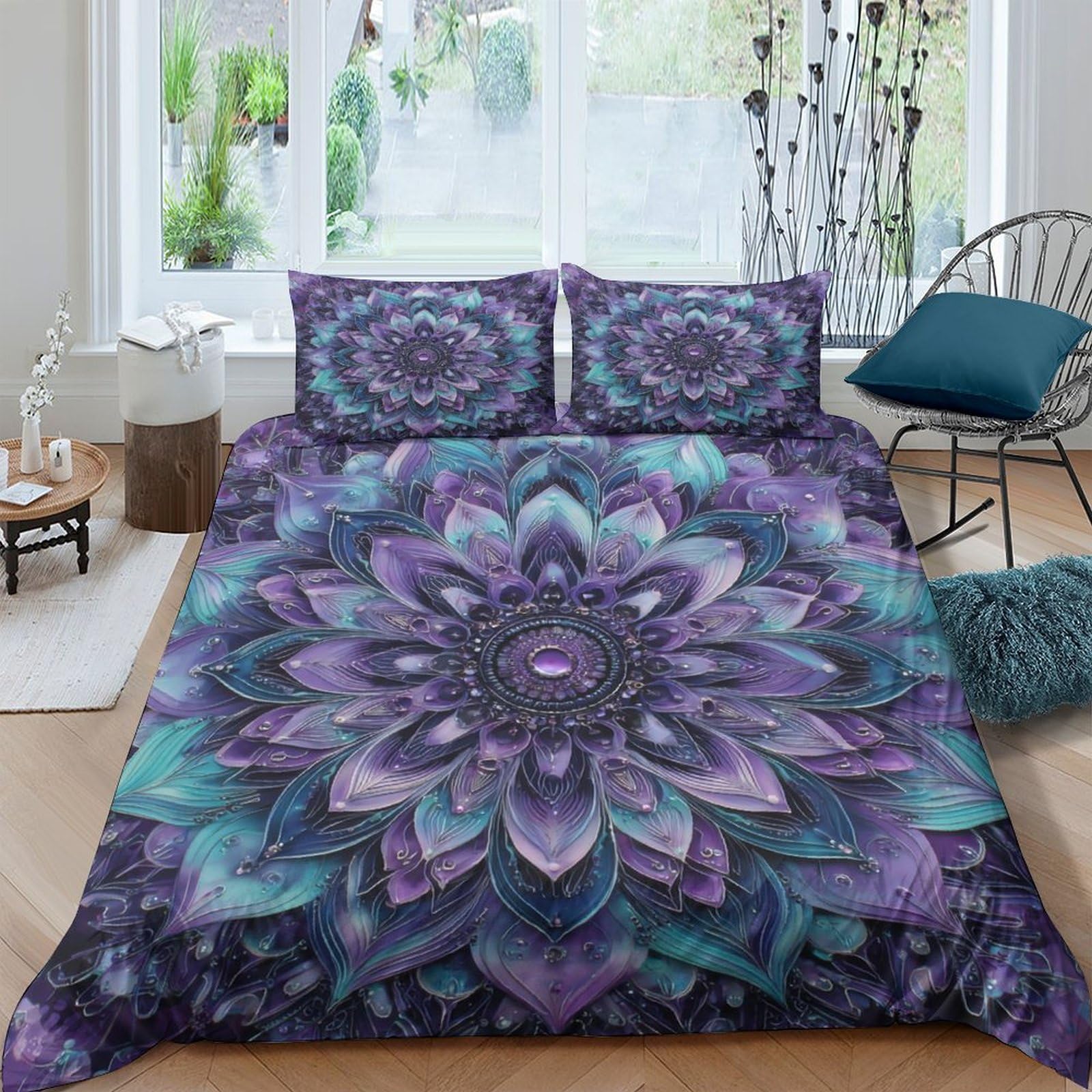 Parure de Lit de Luxe Mandala Violet 3D, Housse de Couette Microfine Grand Lit