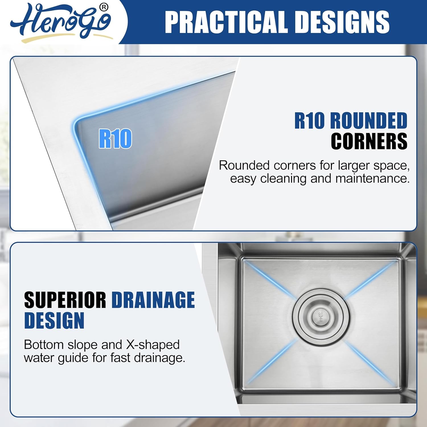 Herogo 15×15 Inch Kitchen Bar Sink, Small Deep Drop In Single Bowl Sink with 16 Gauge Stainless Steel Bottom Grid Drying Rack for RV Laundry Yard Farmhouse Office