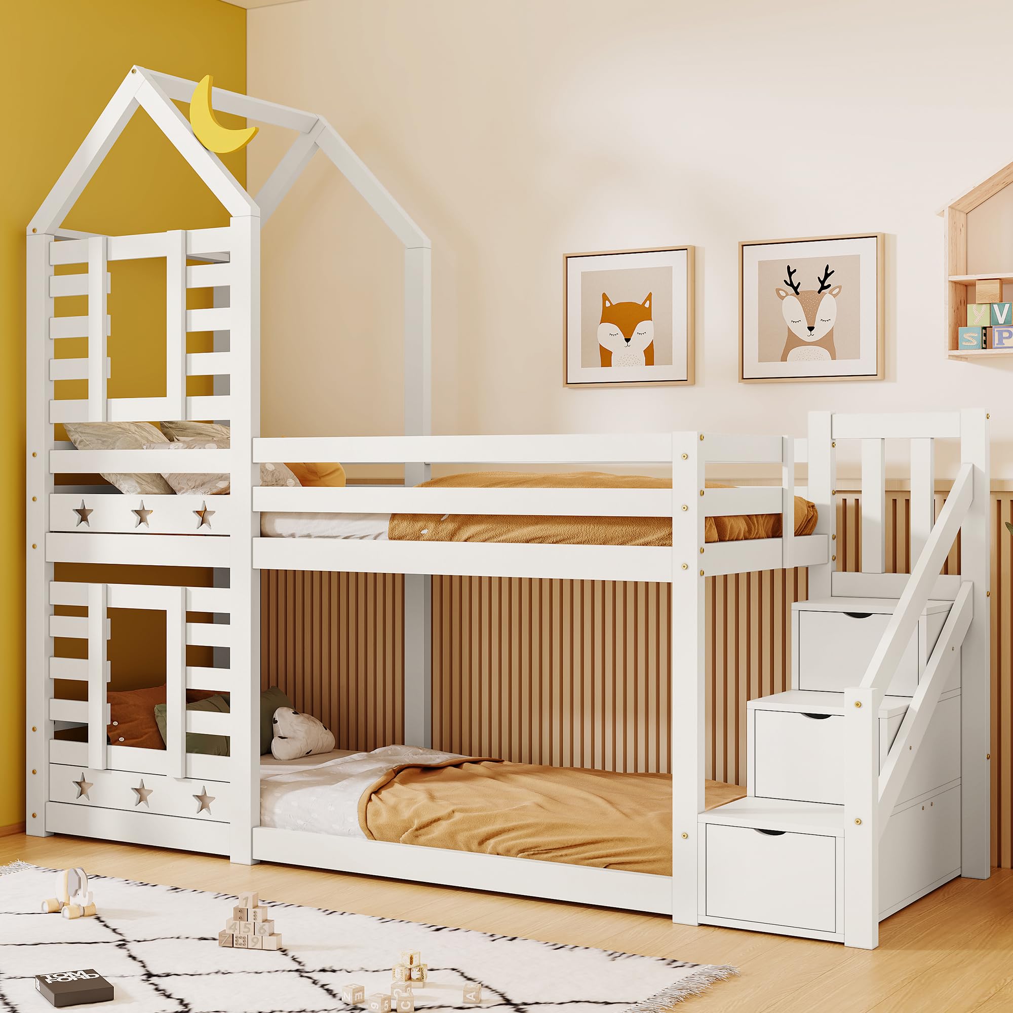 ANIROY3FT Bunk Bed, Storage Children Cabin Bed Single Bed with Window for Kids, Twin Sleeper, Solid Pine Wood, 190x90 cm, White