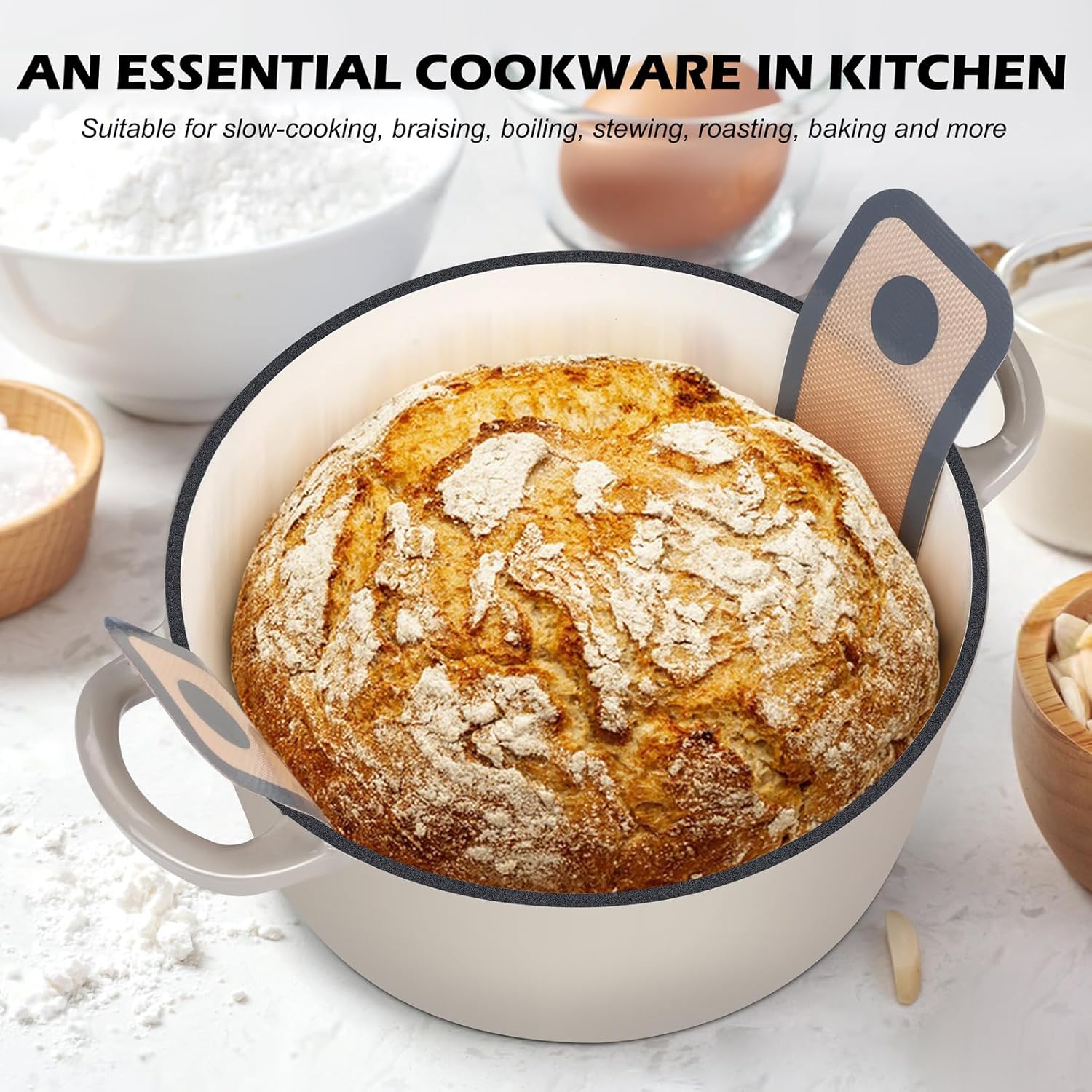 TeamFar 5Qt Dutch Oven, Enameled Cast Iron Dutch Oven with Lid & Dual Handles for Cooking Baking Braising Simmering, Healthy & Sturdy, Oven & Various Stovetops Safe, Non-stick & Easy Clean - Cream White