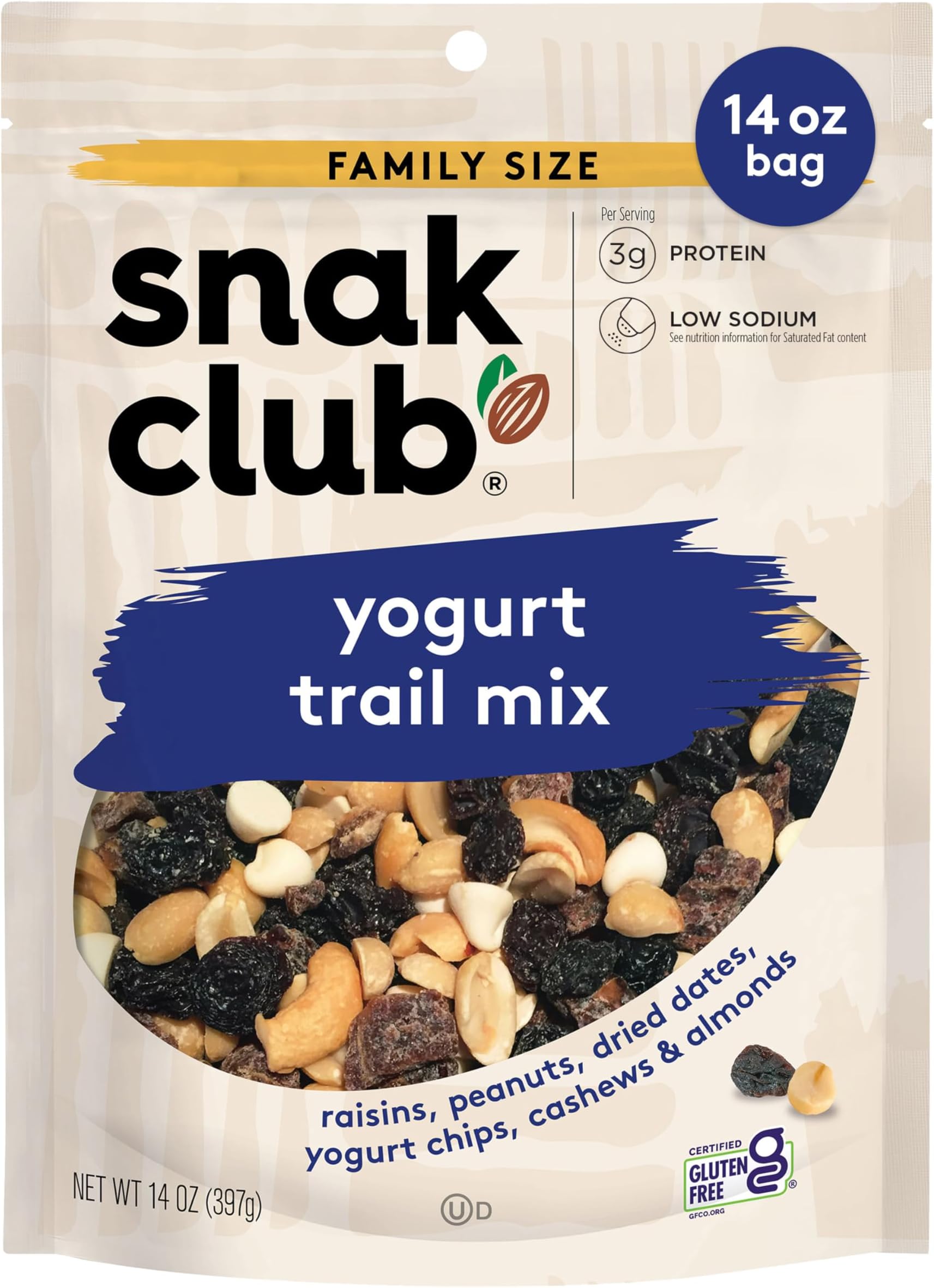 Snak Club Yogurt Trail Mix with Raisins, Peanuts, Dried Dates, Yogurt Chips, Cashews, and Almonds, Gluten-Free and Kosher Snack, 14 oz Resealable Bag
