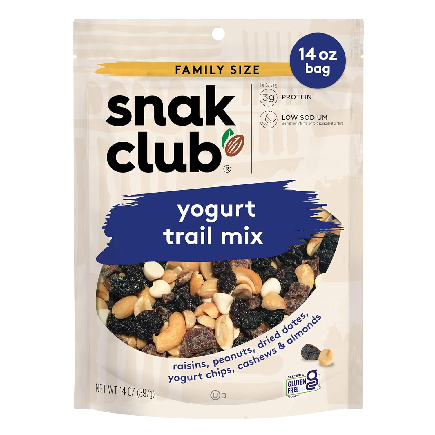 Snak Club Yogurt Trail Mix with Raisins, Peanuts, Dried Dates, Yogurt Chips, Cashews, and Almonds, Gluten-Free and Kosher Snack, 14 oz Resealable Bag