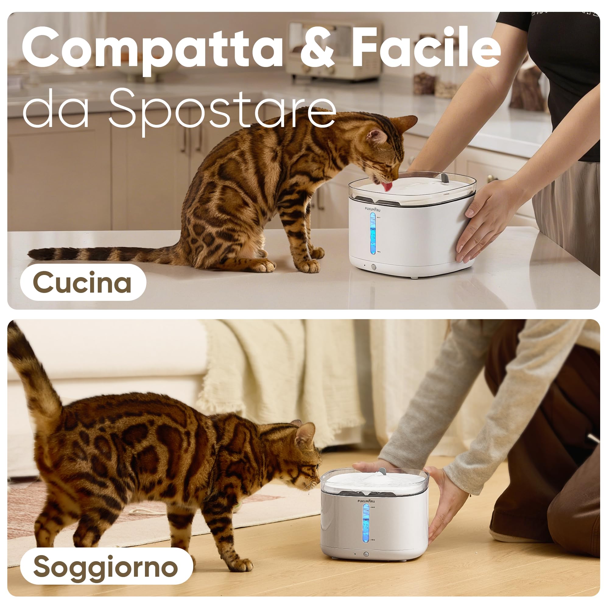 FUKUMARU Fontanella per Gatti Senza Fili, 2L Ultra Silenziosa Fontana per Gatti a Batteria con Sensore di Movimento, Dispenser Acqua Silenzioso, Luce LED Intelligente, Abbeveratoio Gatto Automatico.