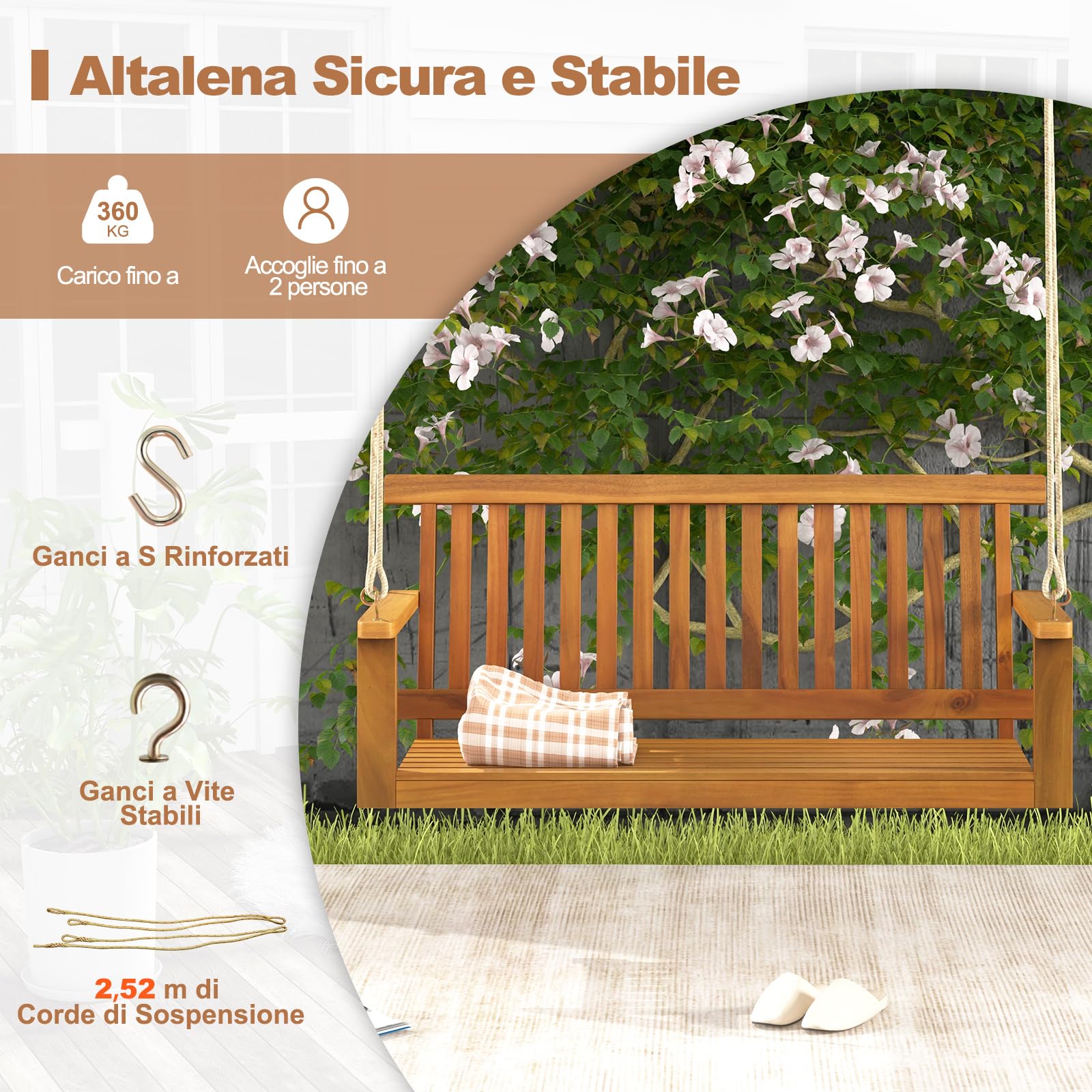 COSTWAY Altalena da Giardino in Legno di Acacia, Panchina Sospesa con 2 Posti, Sedia a Dondolo per Giardino, Sedia Sospesa con Schienale, Portata 360 kg, per Giardino Balcone Cortile