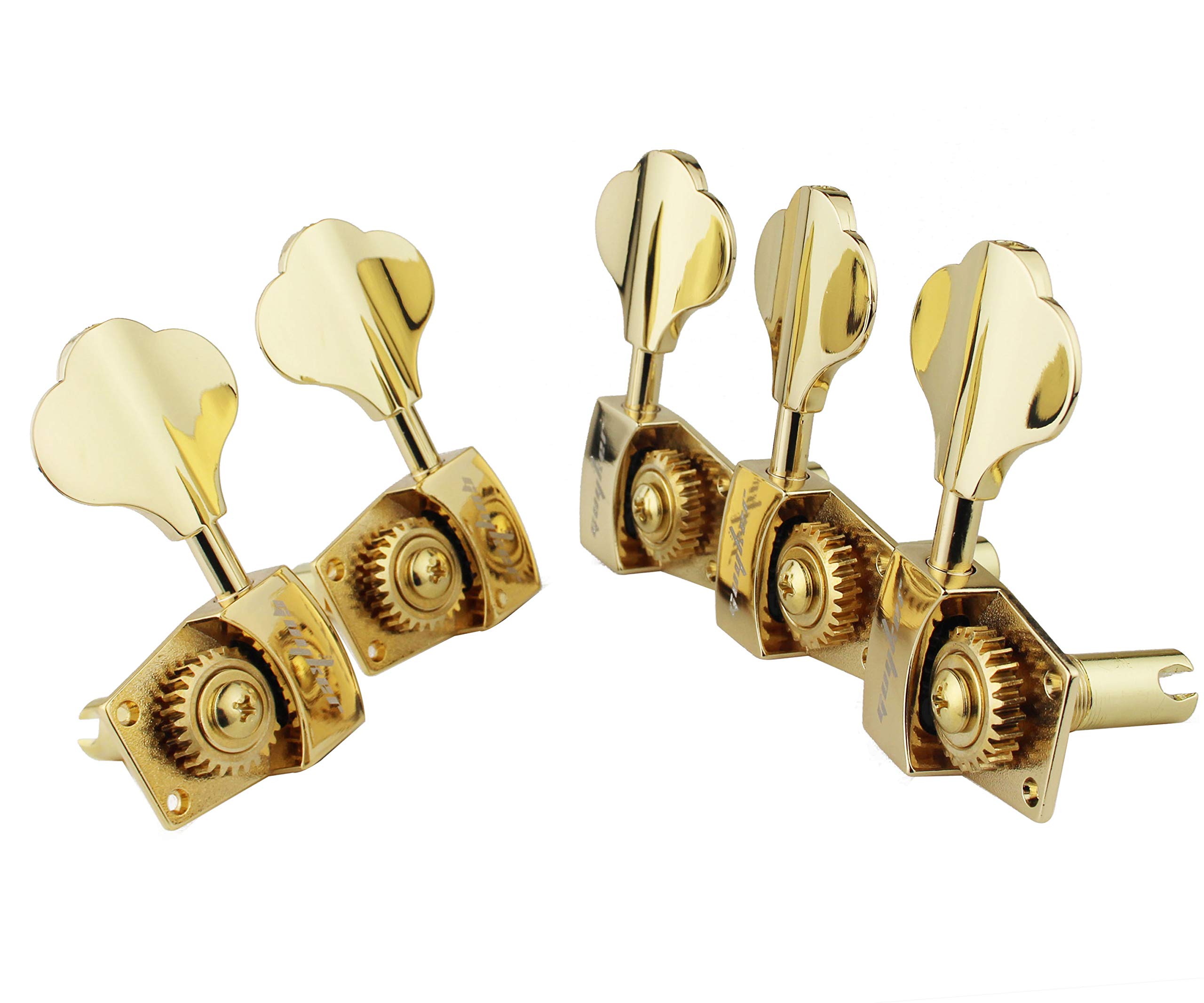 Guyker Tunery basowe (3R + 2L) - stosunek 1:26 Open Gear Tuning Key Pegs zamiennik głowicy maszyny do elektrycznej gitary jazzowej gitary basowej lub instrumentów precyzyjnych - złote