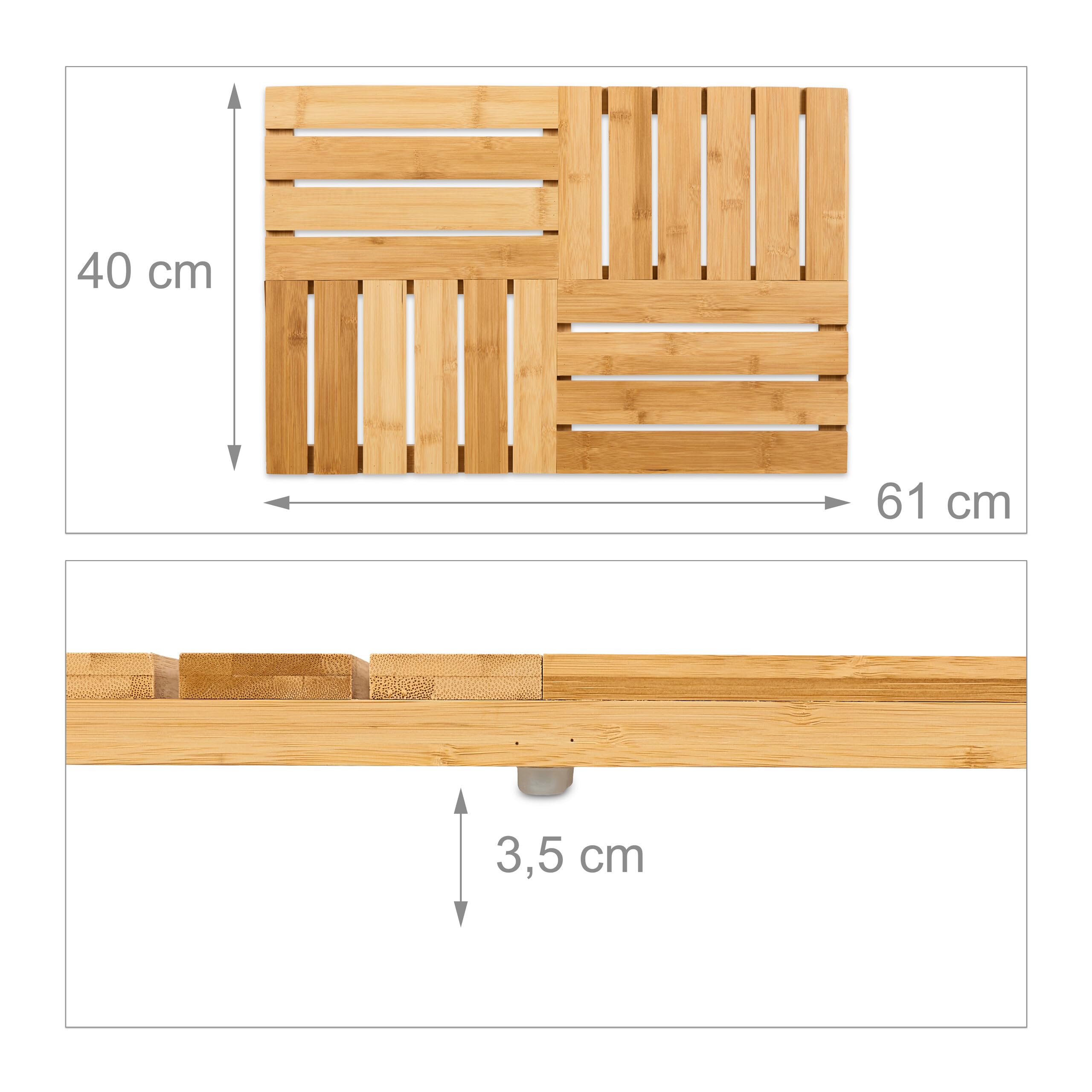 Relaxdays Bambus Badematte, 61 x 40 cm, rutschfeste Duschmatte für Badewanne, Dusche, Sauna, Indoor & Outdoor, Natur