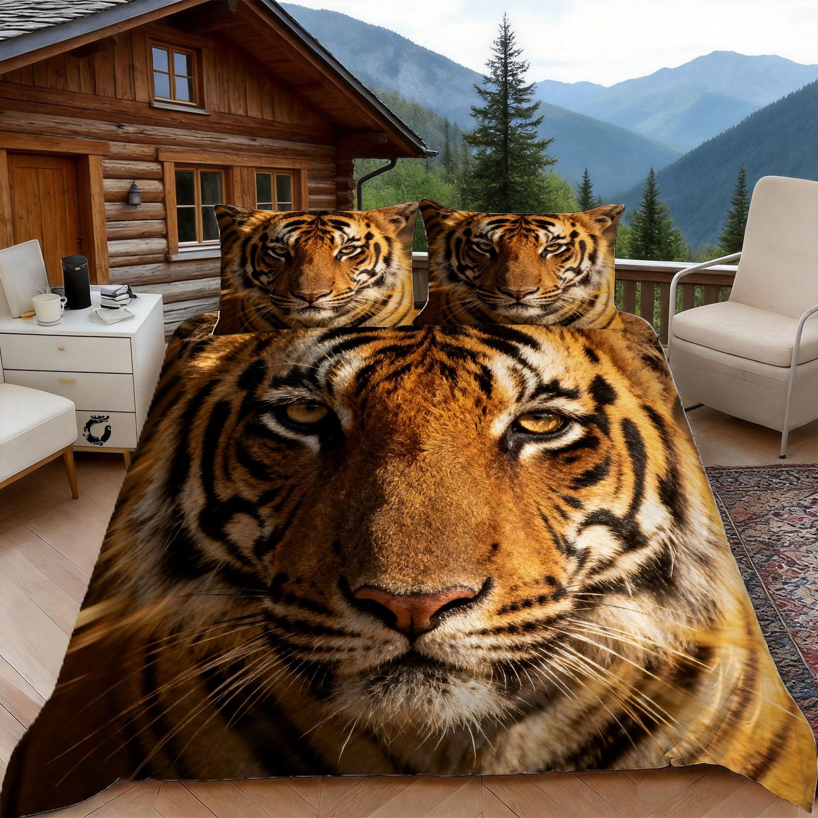 3D Super King Duvet Set 3D Printed Tiger Bedding, Wildlife Animal Soft Microfibre Duvet Cover Sets Quilt Cover and Pillow Set with Zipper 3 Pcs