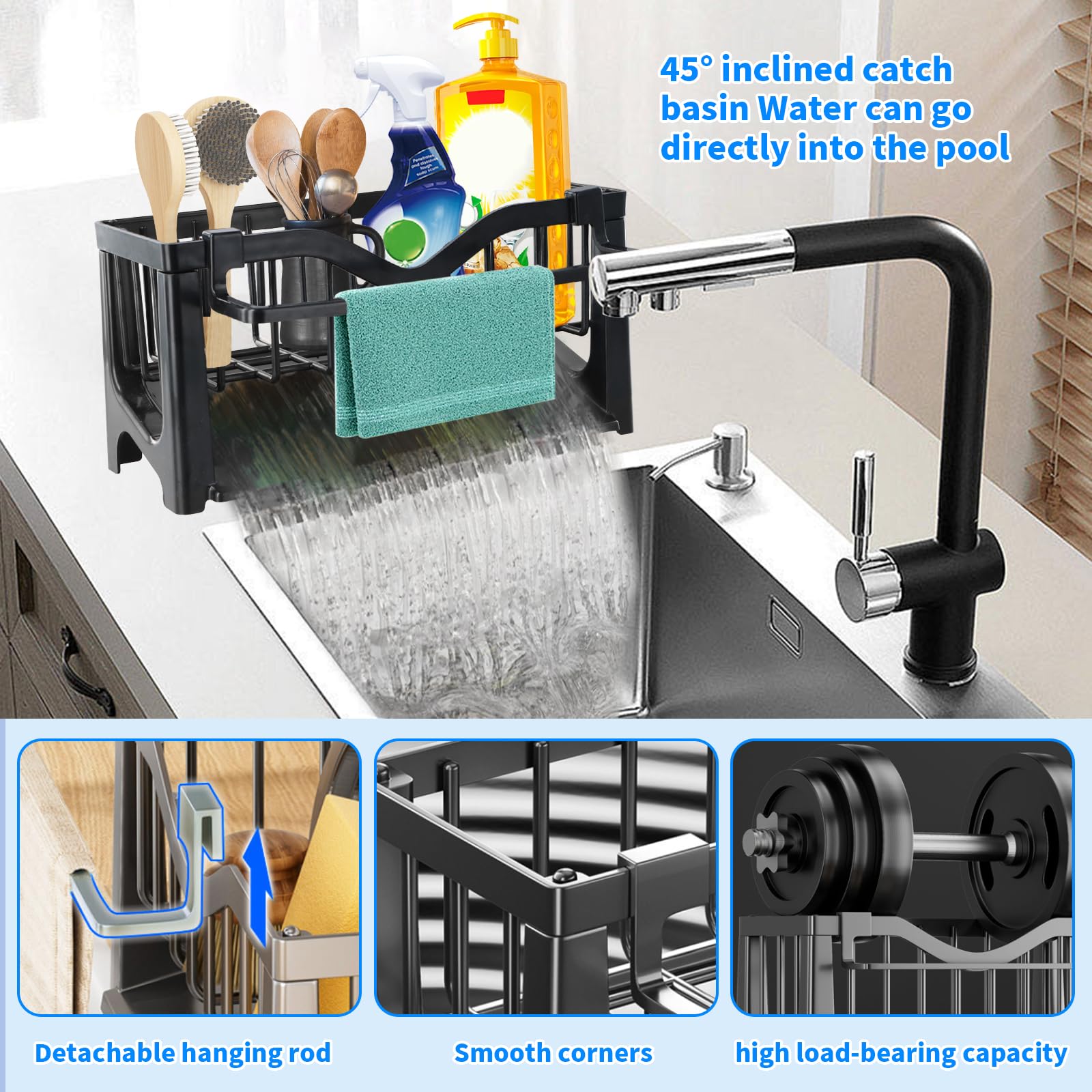 Ziyonix Kitchen Sink Organiser, Sink Caddy Kitchen Soap Dispenser Caddy Organizer sink Holder with Auto Drain Tray for kitchen & Bathroom Holding Sponge and Towel - Image 3