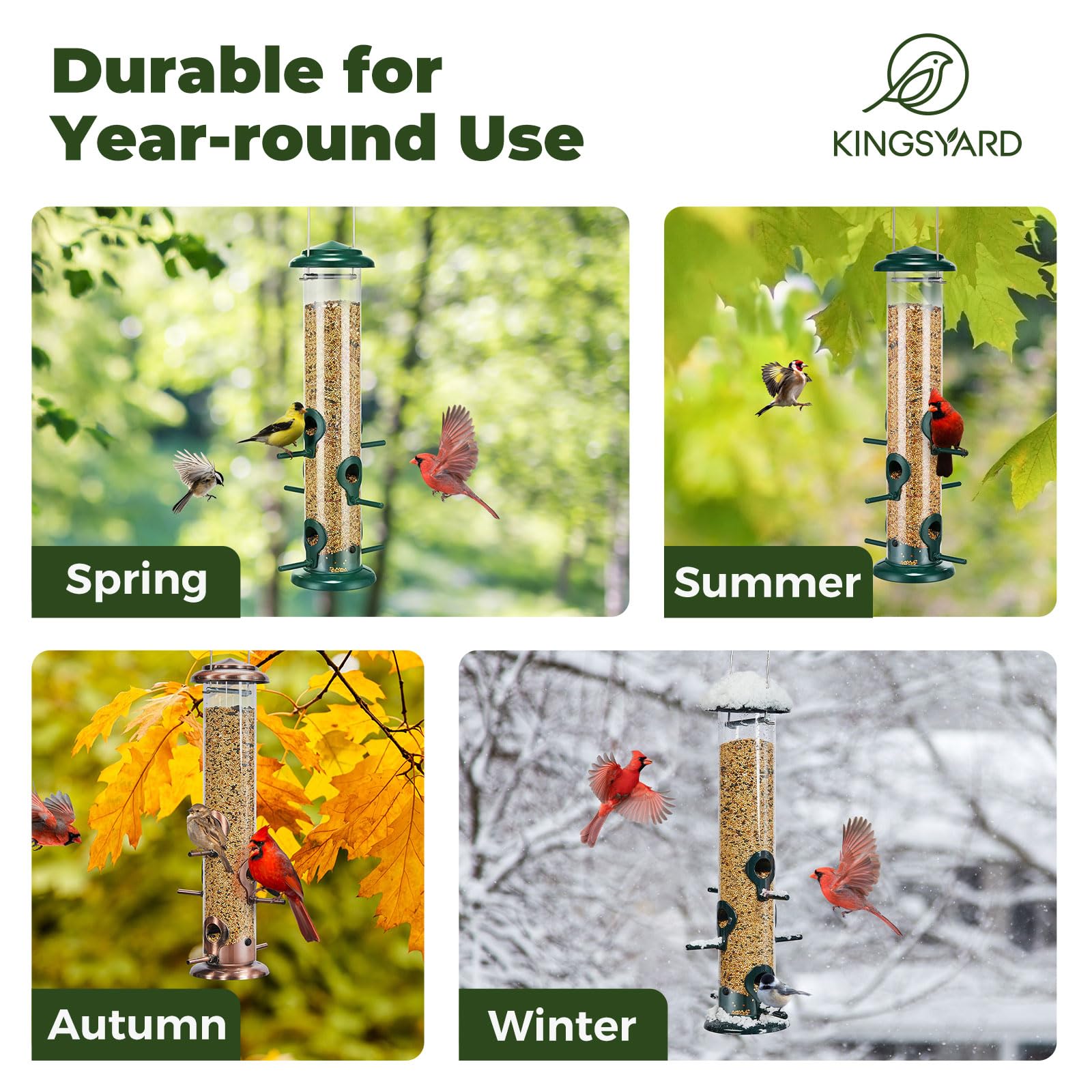Kingsyard Comedero de metal para pájaros para colgar al aire libre, tubo extragrueso con colgador de acero y 6 puertos, 15 pulgadas, a prueba de mordeduras, resistente a la intemperie y al agua, color