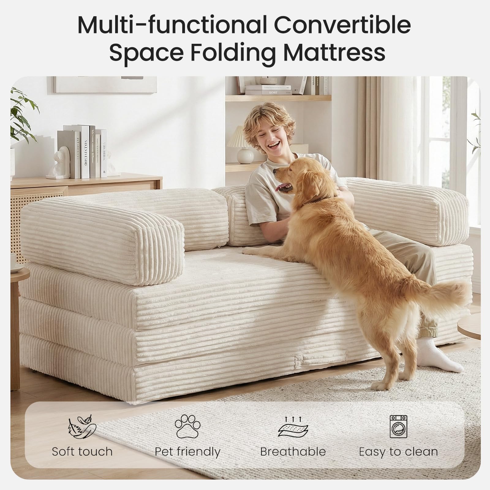 Erament Futon Sofa Bed Queen, Convertible Tri Folding Mattress Foldable with Removable Armrests & Washable Cover, 5-Inch Floor Mattress with High-Density Foam, Small Pull Out Couch Bed, Beige