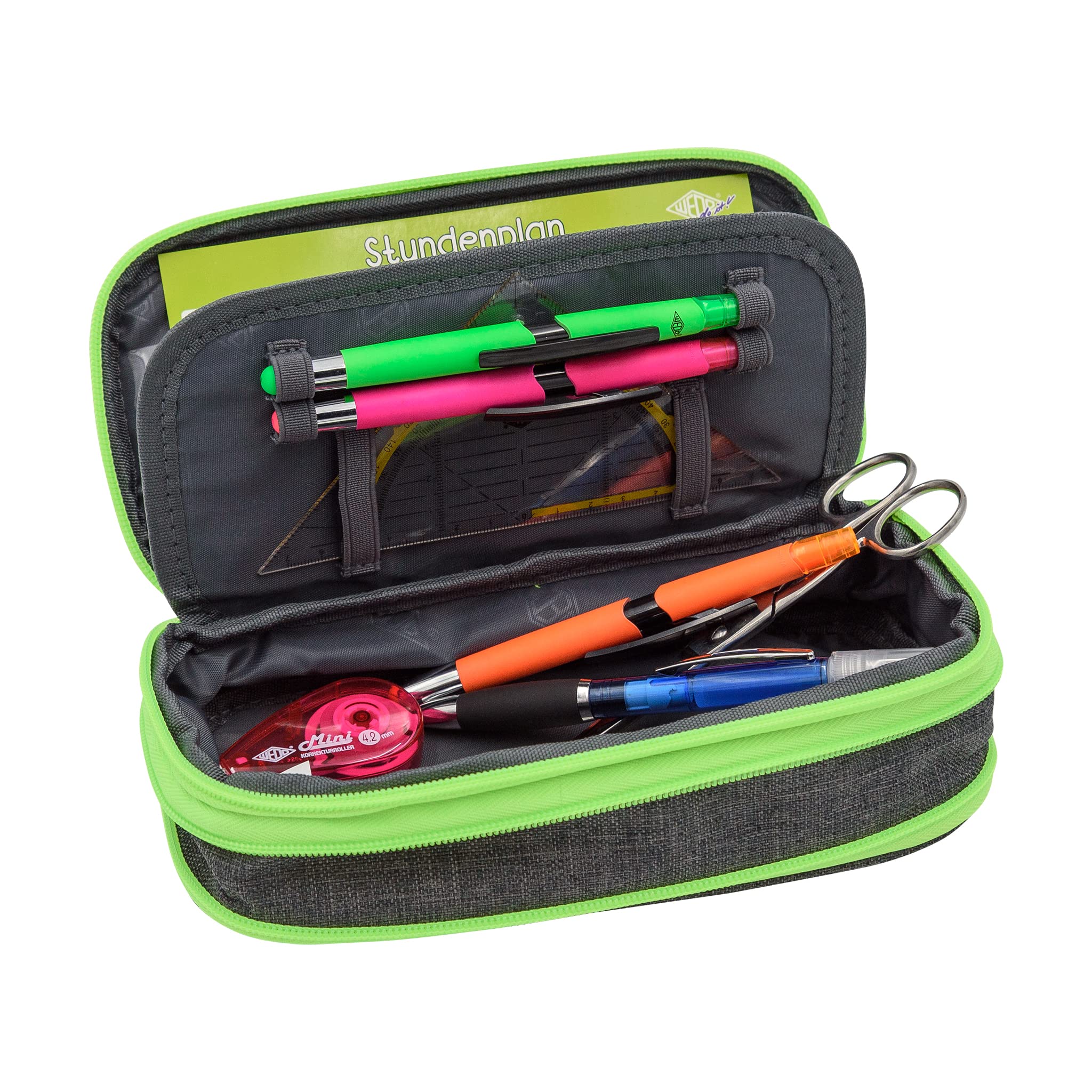 WEDO 24244011 Neon Stretch Pencil Case with Multiple Compartments and Pen Loops with Timetable Grey Neon Green