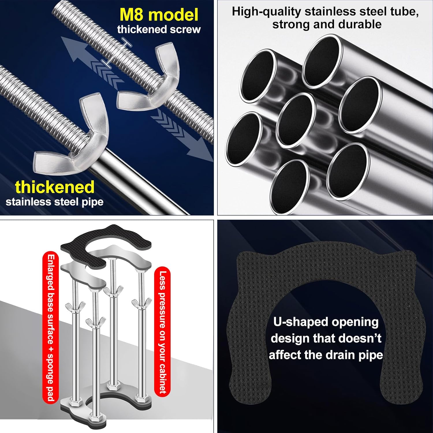 Undermount Kitchen Sink Bracket Space Saving Upright Sink Repair Kit with Non-Slip Shock Absorbing Pads Stainless Steel Adjustable Bracket for Kitchen, Bathroom and Outdoor Sink