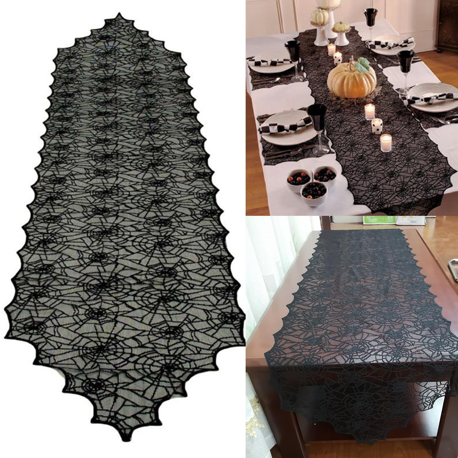 Nappe Halloween Toile D'araignée - Décoration De Table Effrayante Lavable 45x183 Cm - Pour Fête Et Maison - Noir Avec Araignées Et Chauves-souris
