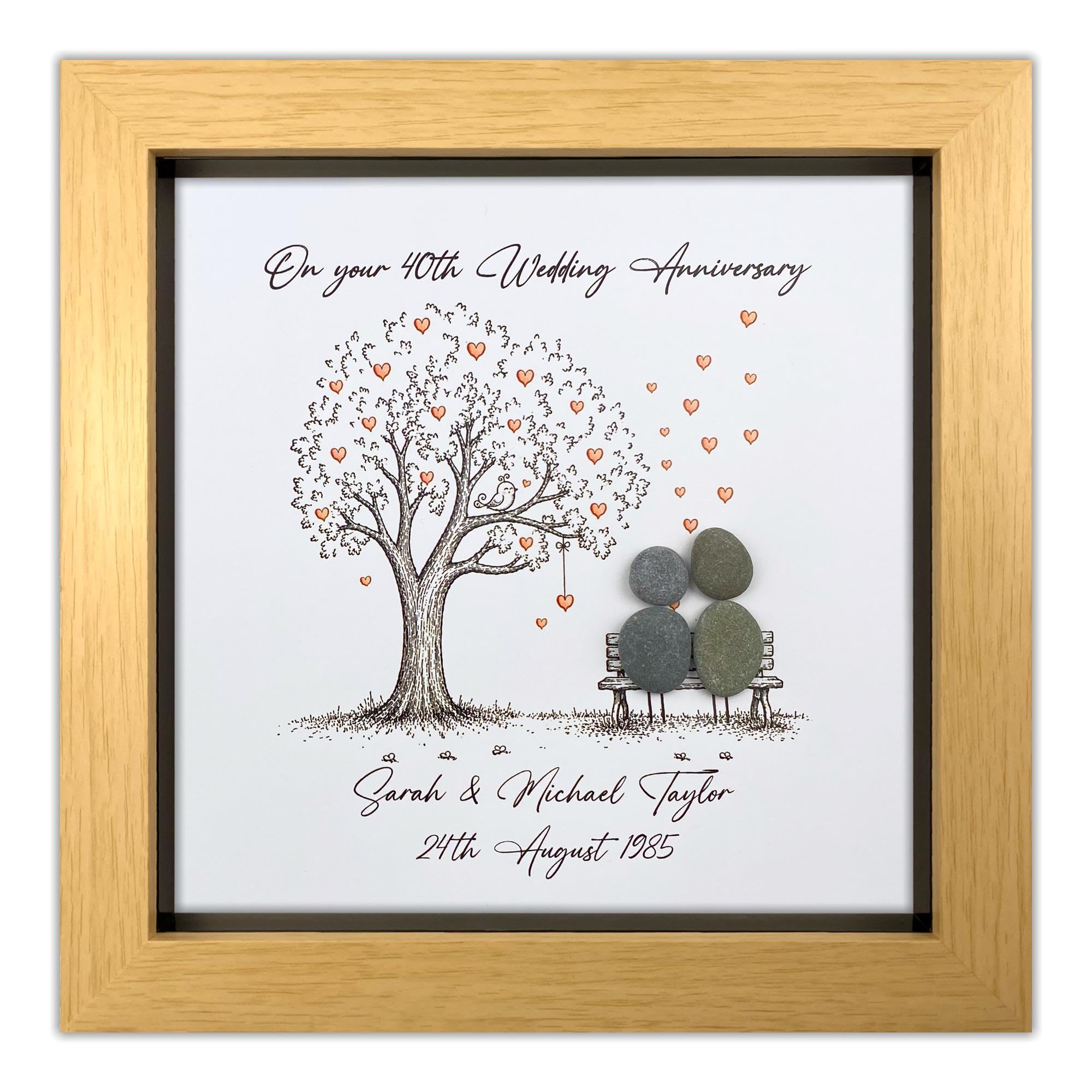 Handmade Personalised 40th Wedding Anniversary Pebble Art Gift, Ruby Anniversary Pebble Picture Keepsake, Mr & Mrs Gift, 8 Inch Frame (Wood Effect Frame)