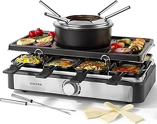 Salter EK4513 Electric Raclette Grill & Fondue - 2 In 1 Indoor Grill, 1.3L Chocolate Melting Pot, 6 Forks, Cheese Fondue Set, Adjustable Temperature Control, 8 Non-Stick Pans & Wooden Spatulas, 1400W