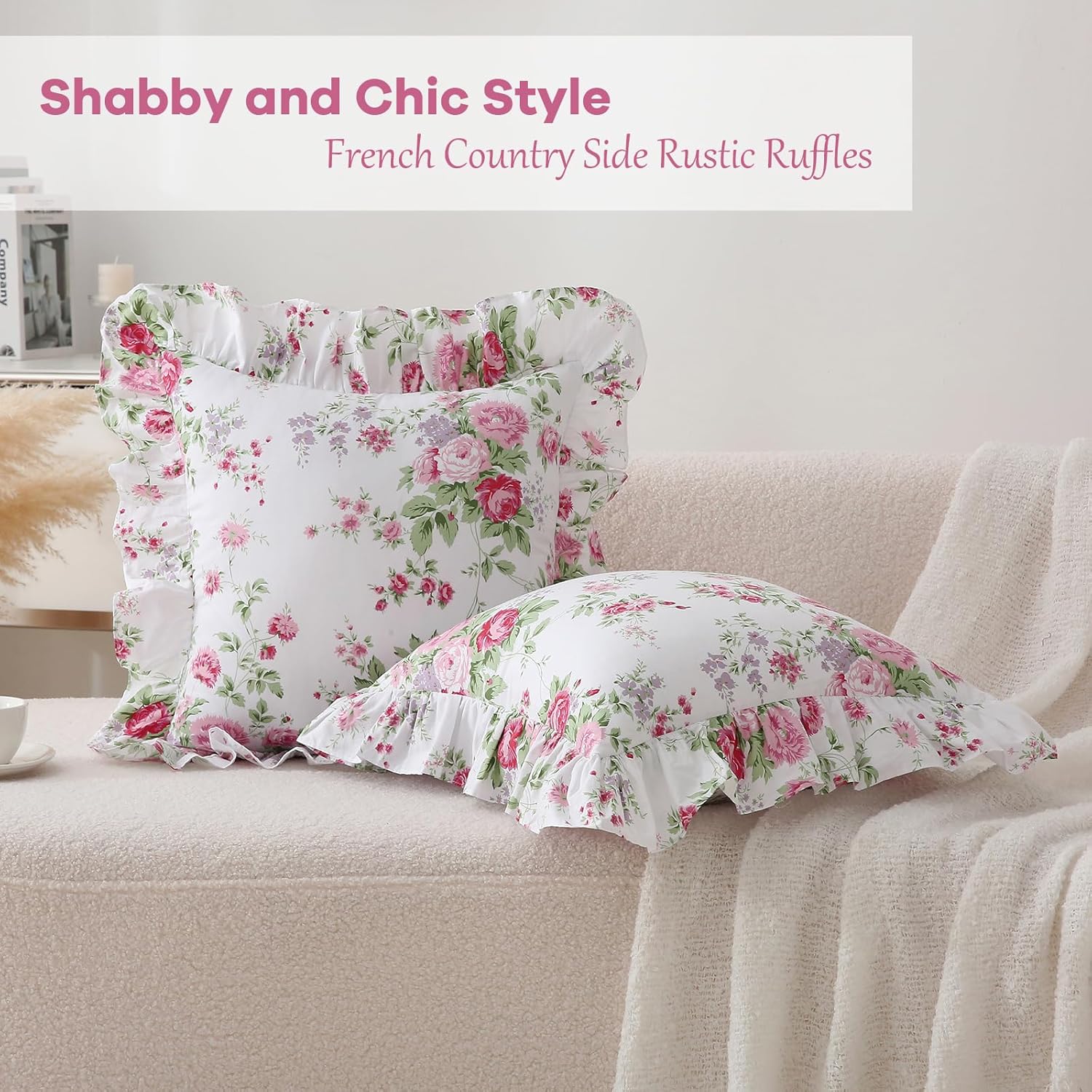 2 Pack Floral Ruffle Throw Pillow Covers 18x18 inches, 100% Cotton French Country Rustic Vintage Decorative Bed Pillow Shams (Shabby Rose, 18x18 inches)