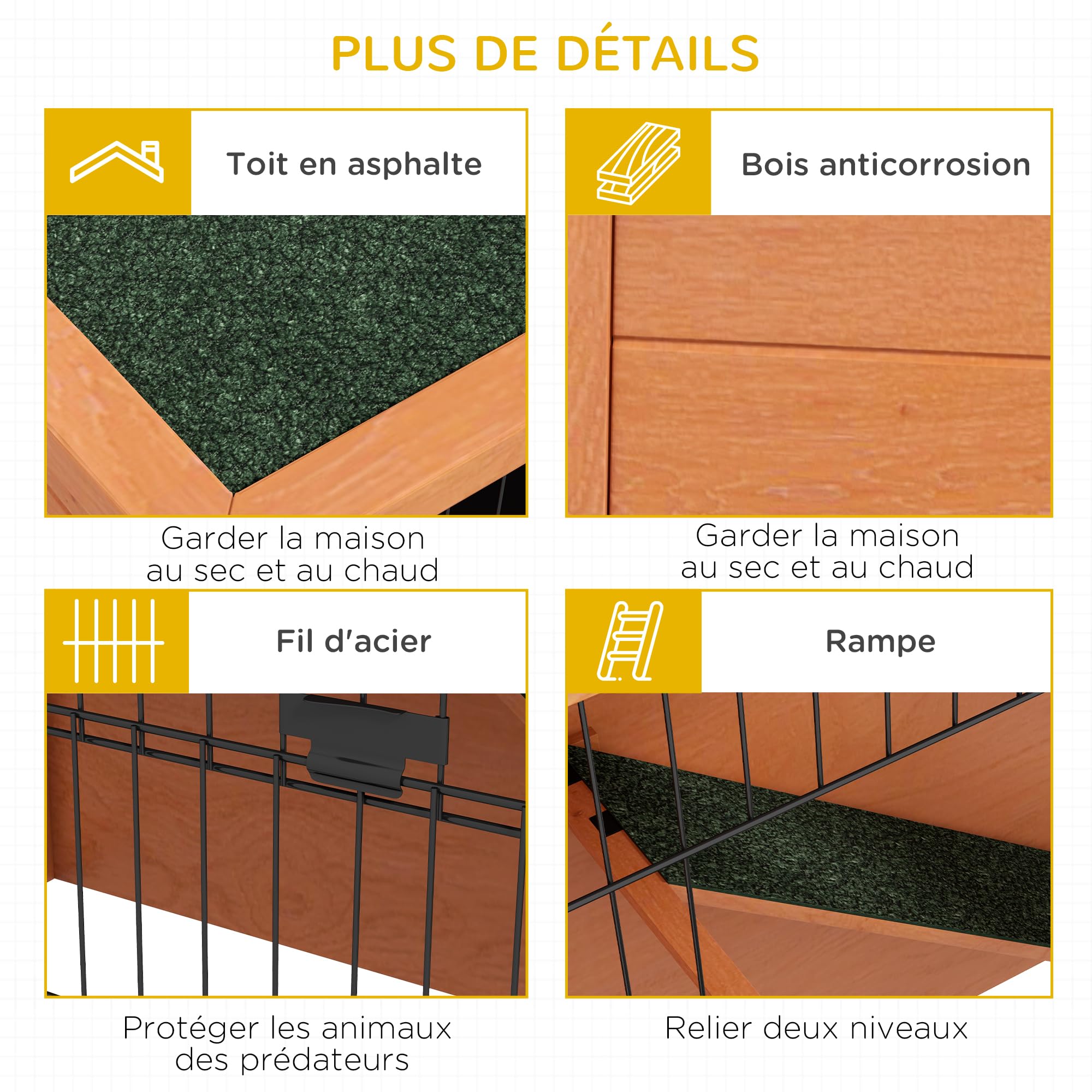 PawHut Clapier à Lapin Cage à Lapin 2 étages avec 3 Portes verrouillables Plateau Coulissant Rampe et Toit bitumé Bois Massif, 120 x 50 x 92 cm, Orange