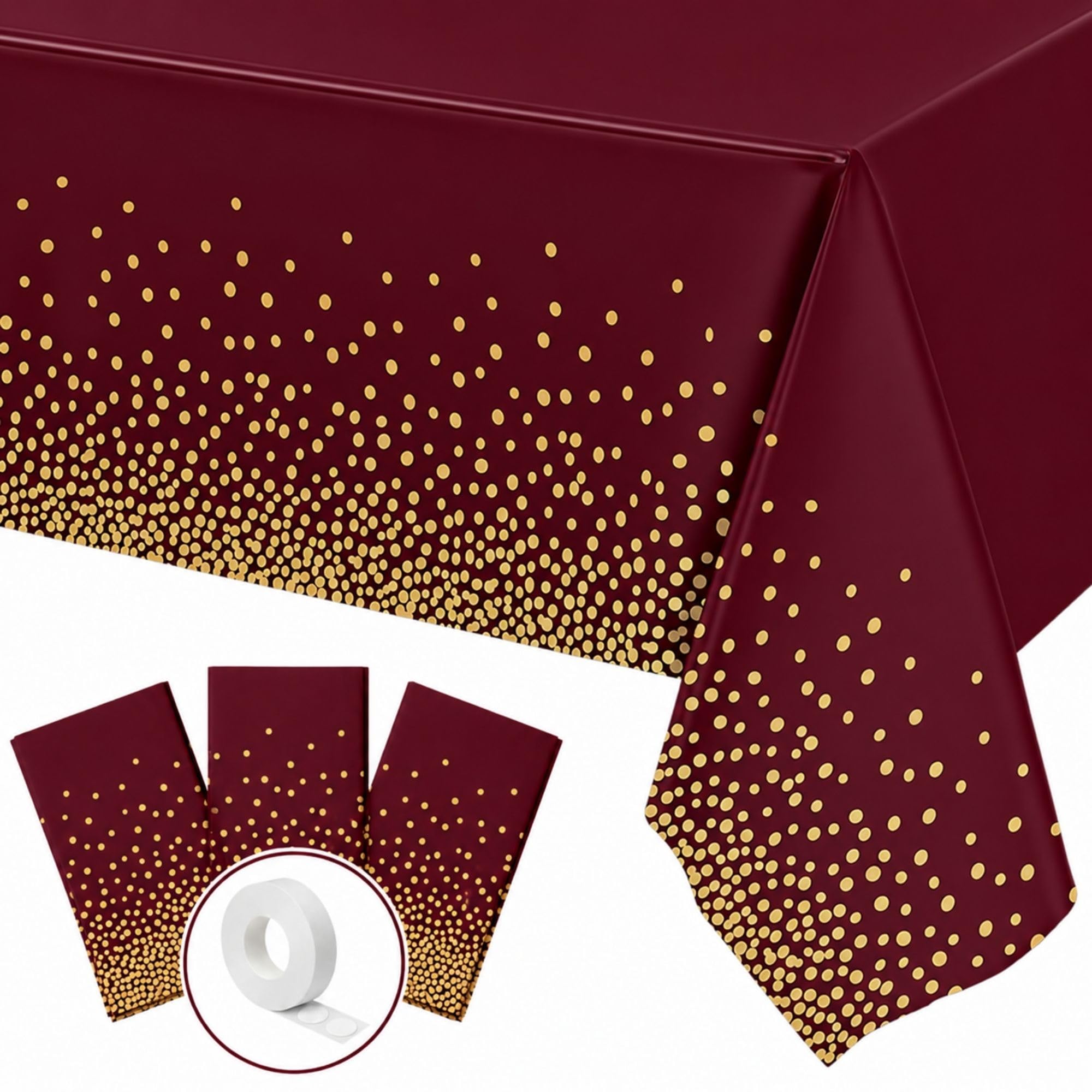 Blue Orchards Burgundy and Gold Dots Table Cover (Pack of 3 with 20 glue dots) - 54"x108" XL - Red Plastic Tablecloth, Bridal Shower, Wedding, Graduation Decoration, Picnic Red Birthday Party Supplies