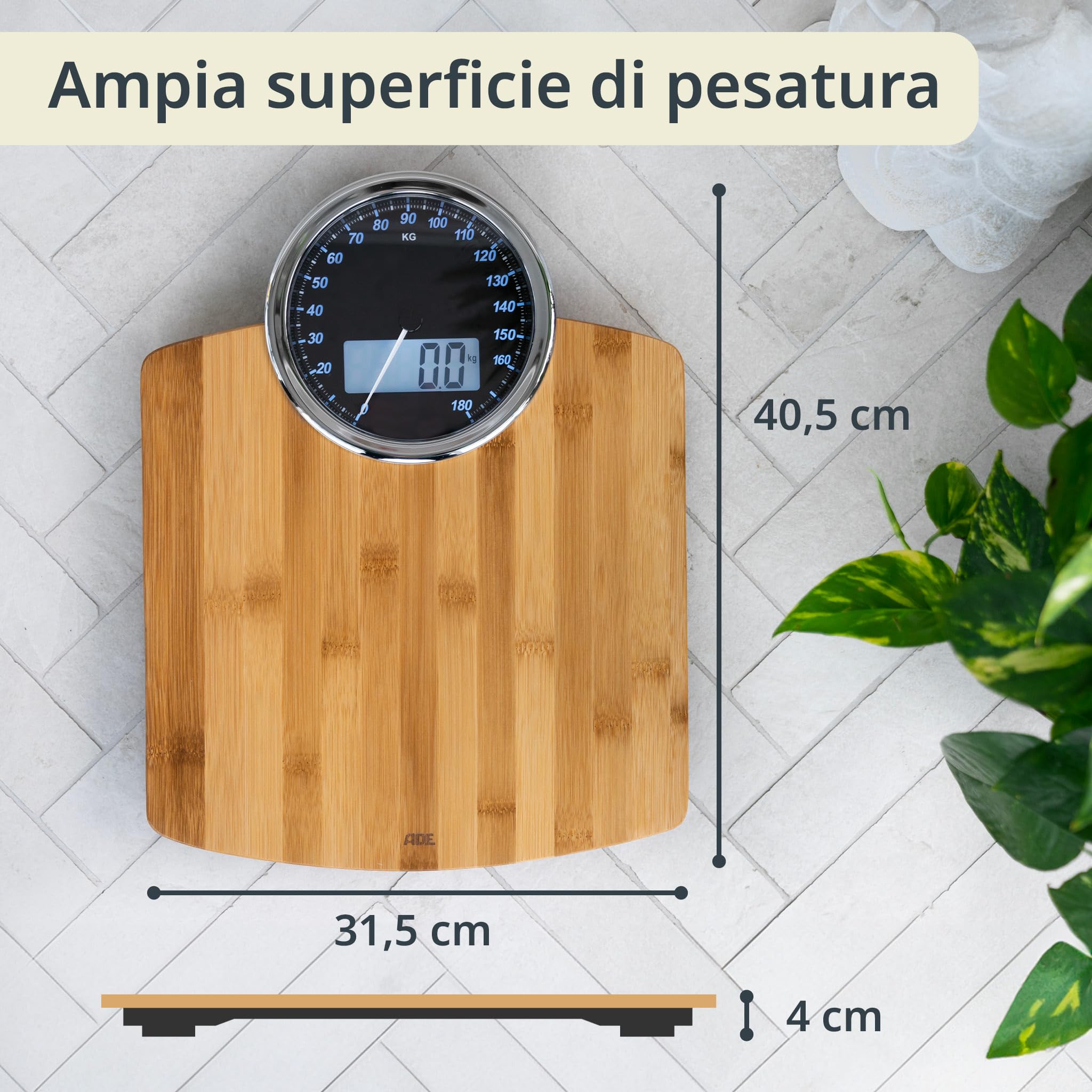 ADE Bilancia pesapersone digitale con display analogico | grande display | risultati molto precisi fino a 180 kg | superficie di pesatura in vero legno di bambù