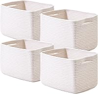 ICERZCZ 4 Pack Cotton Rope Storage Baskets with Handles - Off White Woven Bins for Shelves, 12.5x9.1x7.9 Organizing Baskets