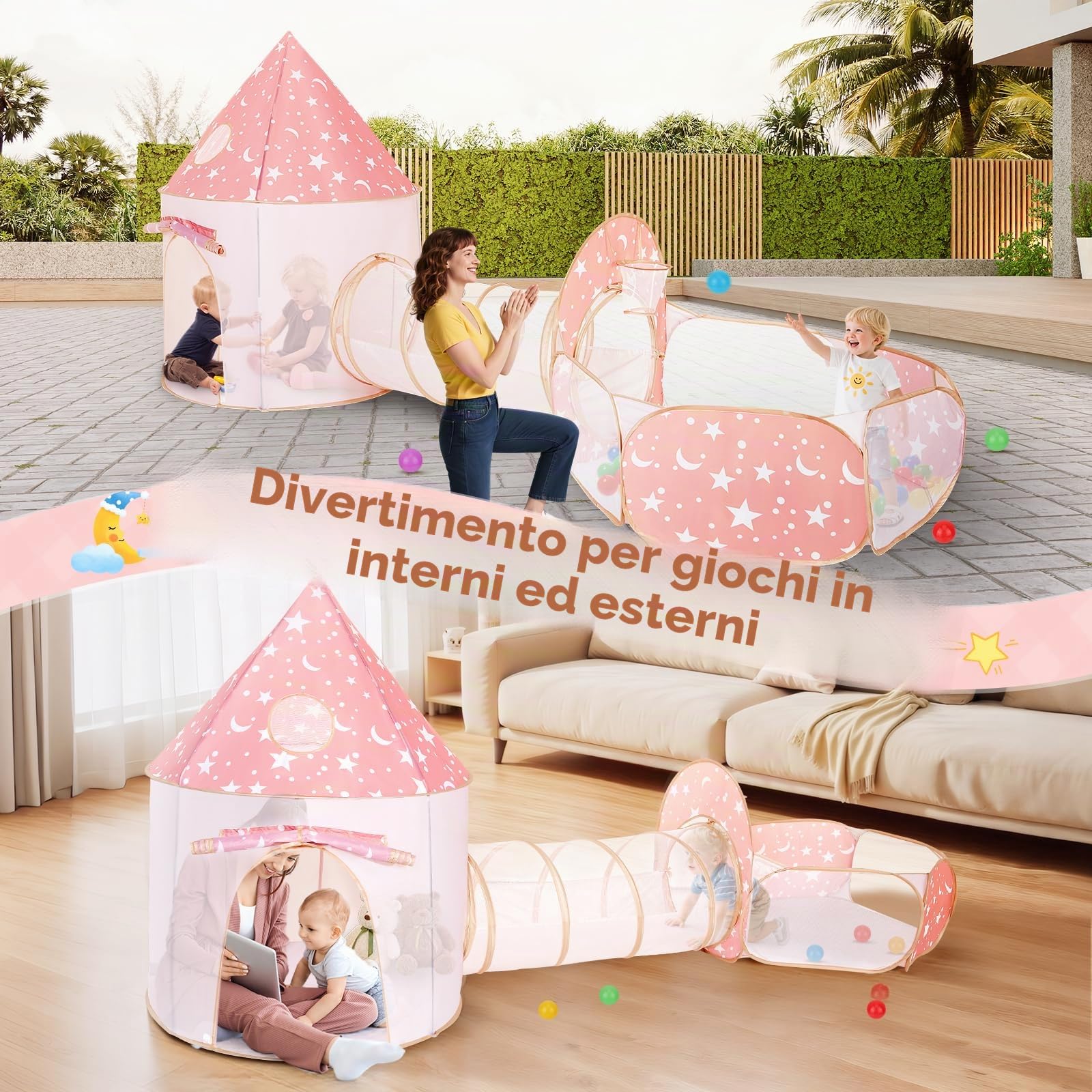 3 in 1 Tenda da gioco per bambini con tunnel e piscina di palline, castello pop-up per interni ed esterni, spazio di scansione pieghevole con canestro da basket