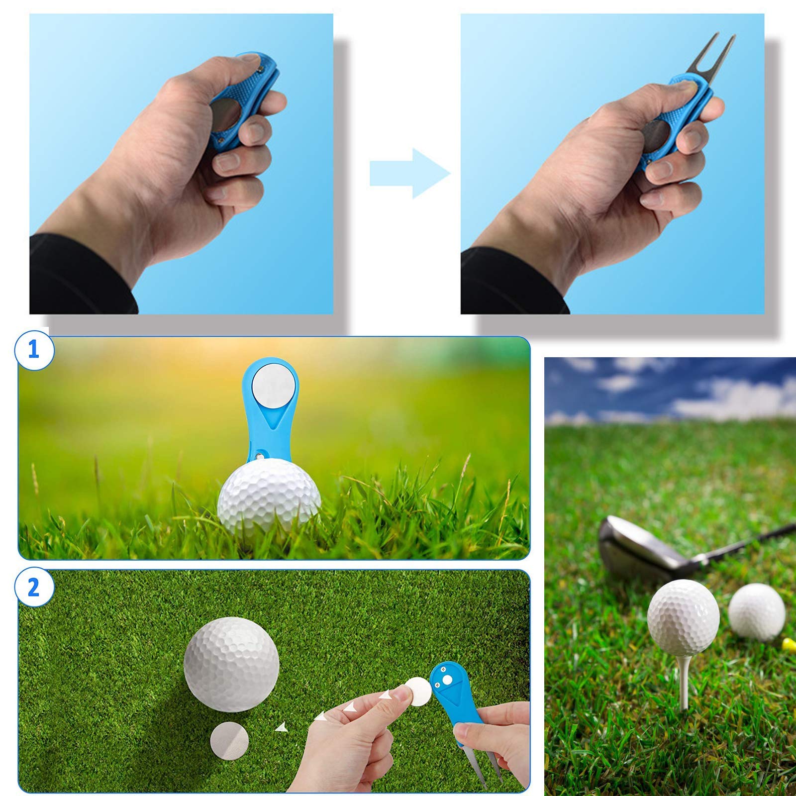 Wohlstand 2 Pz Forcelle da Golf,Strumento di Riparazione Divot da Golf,Forchetta Golf in Acciaio Inossidabile con Marcatore di Palline Magnetico,Pieghevole Forchetta da Golf per Riparazione Golfista