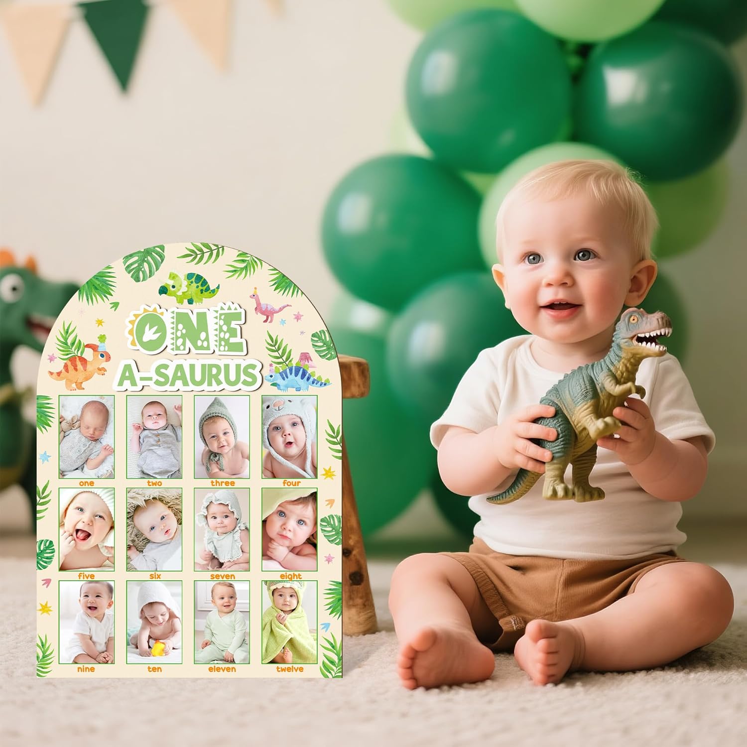R HORSE My First Year Photo Frame Board - Fits 2 x 3 Inch Photo, 3D One a Saurus Birthday Decorations Display Wood Board, Dinosaur Themed Baby First Year Picture Frame 12 Months Milestone 1st Birthday Nursery Decor Gift