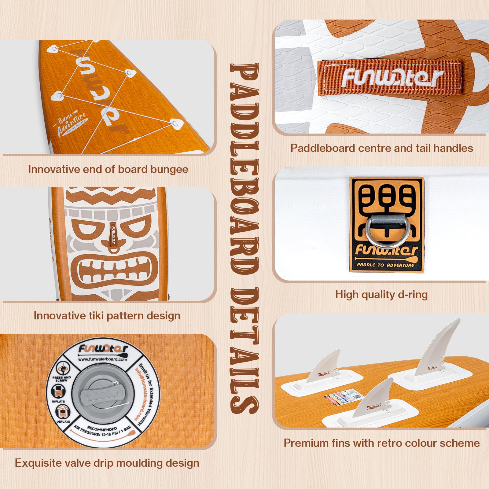 FunWater Tavola da paddle gonfiabile retrò Tiki 3 anni di garanzia Stand up Paddle Board extra lunga e larga 11'6'' x 33'' con pompa、Deck Bag、Double Ended Paddle 、Seat、SUP tracolla