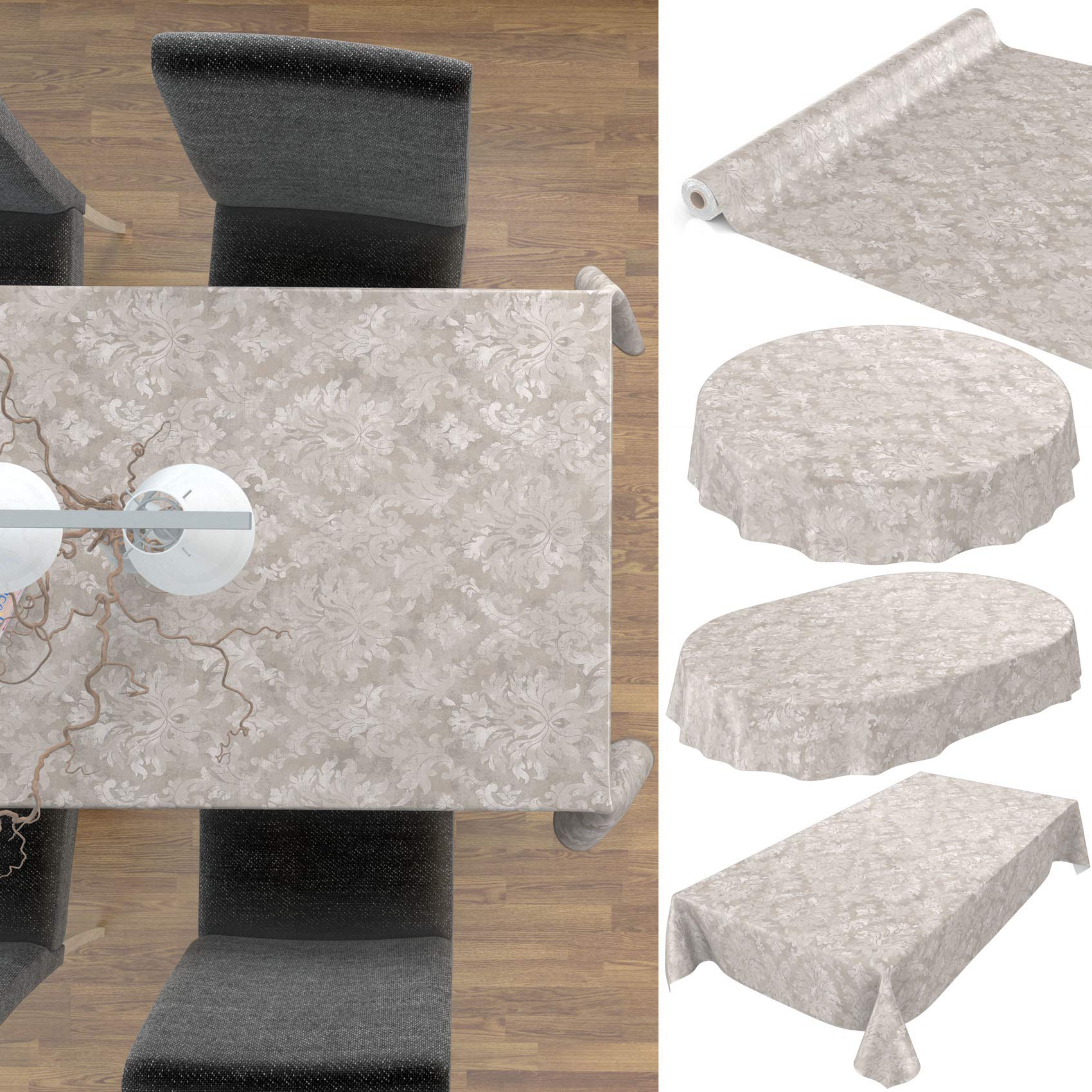 Nappe en Toile cirée Lavable pour Le Jardin, de Forme Ronde, Ovale ou rectangulaire, pour l'intérieur et l'extérieur, Motif Baroque vrillé, Beige-Gris Clair, Ovale, 240 x 140 cm, avec Ourlet, Bordure