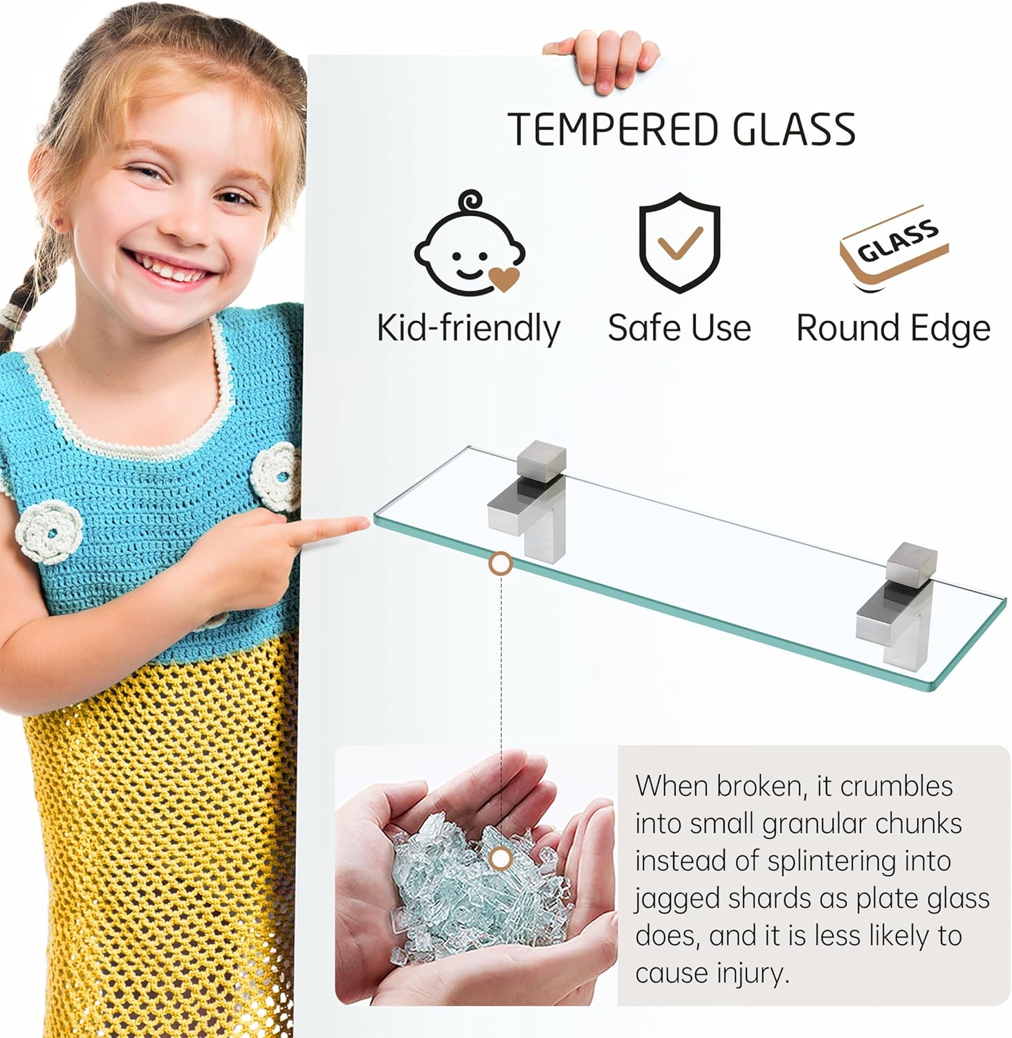 KES Glass Shelf for Bathroom, Floating Tempered Glass Bathroom Wall Shelf Rectangle 16 Inch Brushed Nickel Bracket, 2 Pack, BGS3201S40-2-P2