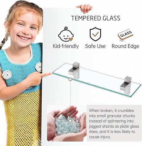 Miniatura 8 de KES Estante de vidrio para baño, estante de baño de 23.6 pulgadas con vidrio templado y soporte de cromo pulido montado en la pared, paquete de 2,