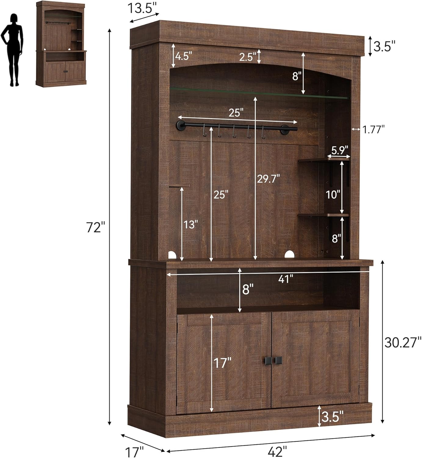 Tall Coffee Bar Cabinet with LED Lights,Tall Kitchen Cabinet Farmhouse Buffet Cabinet with Storage,Kitchen Sideboard with Microwave Stand/Wine Rack/Glass Shelf(Reddish Brown)