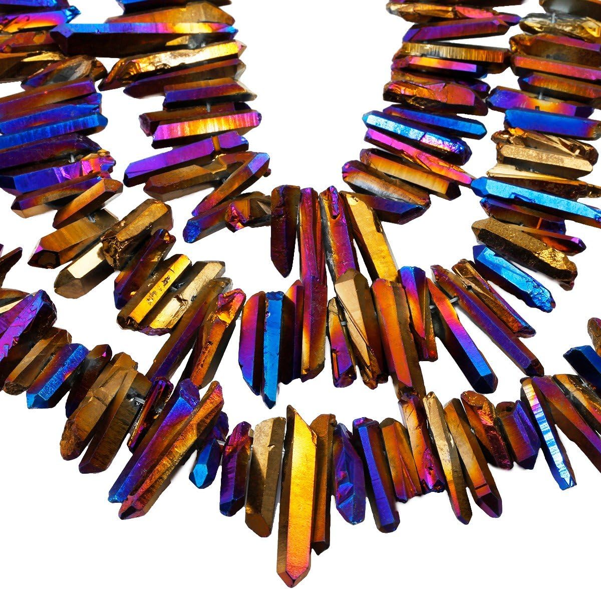 rockcloud Natural Rock Crystal Points Titanium Coated Clear Quartz Sticks Spikes Top Drilled 15 inch Strand,Purple