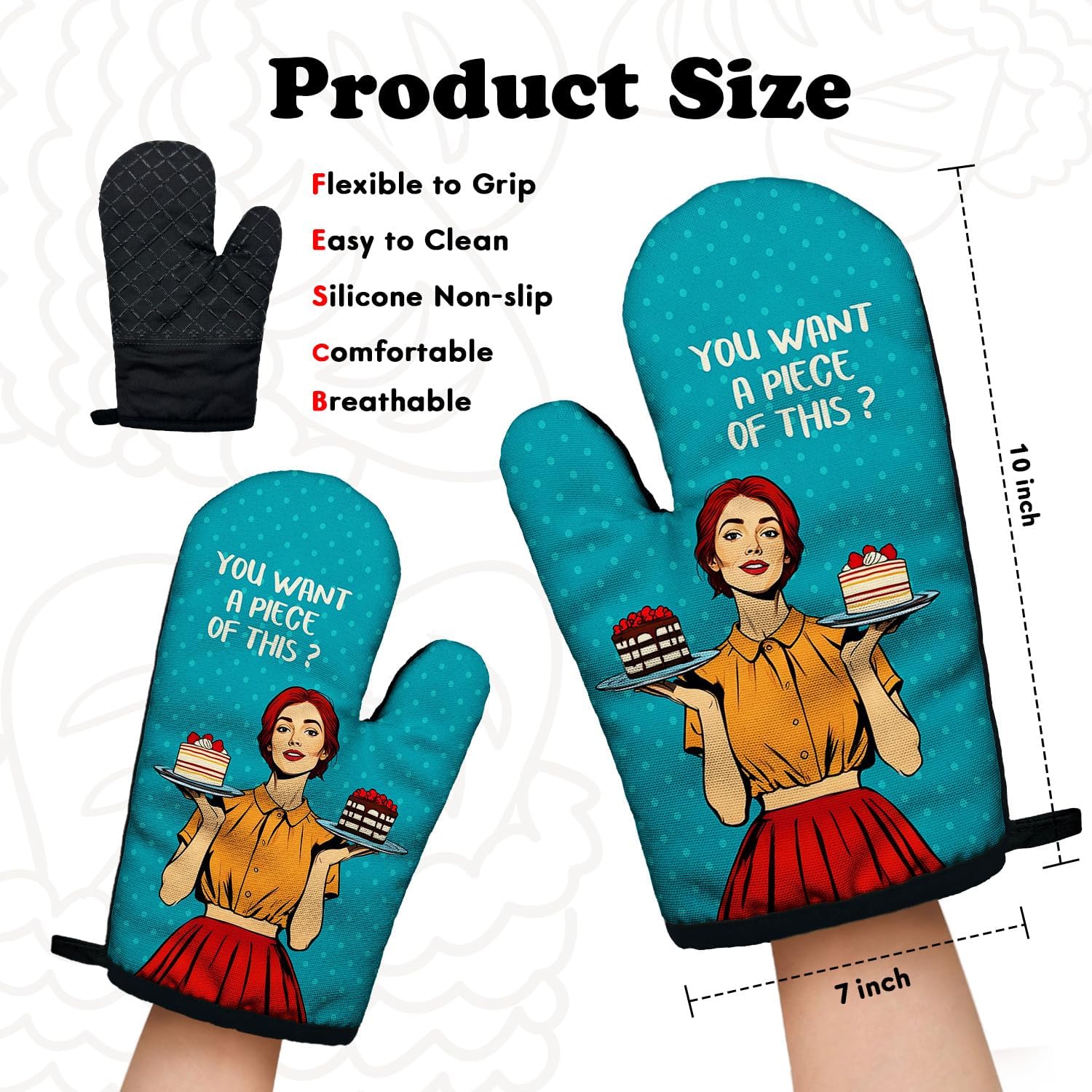 Funny Vintage Lady Cooking and Baking BBQ Kitchen Gadgets with Heat Resistant Silicone Non-Slip, You Want a Piece of This Oven Mitts Set of 2, Gifts for Bake Lover Mom Wife Aunt Sister BFF - Image 2