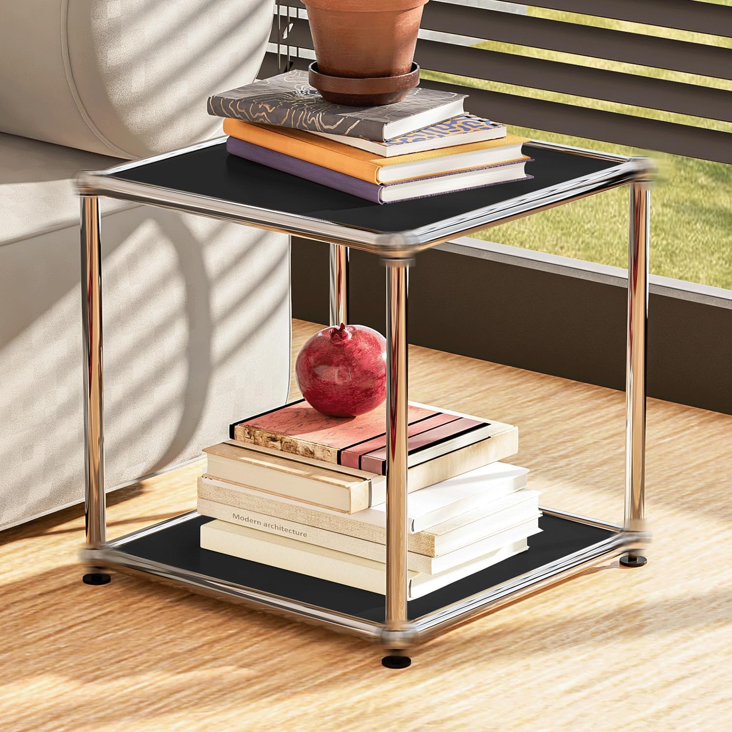 Black storage cabinet in a living room setting