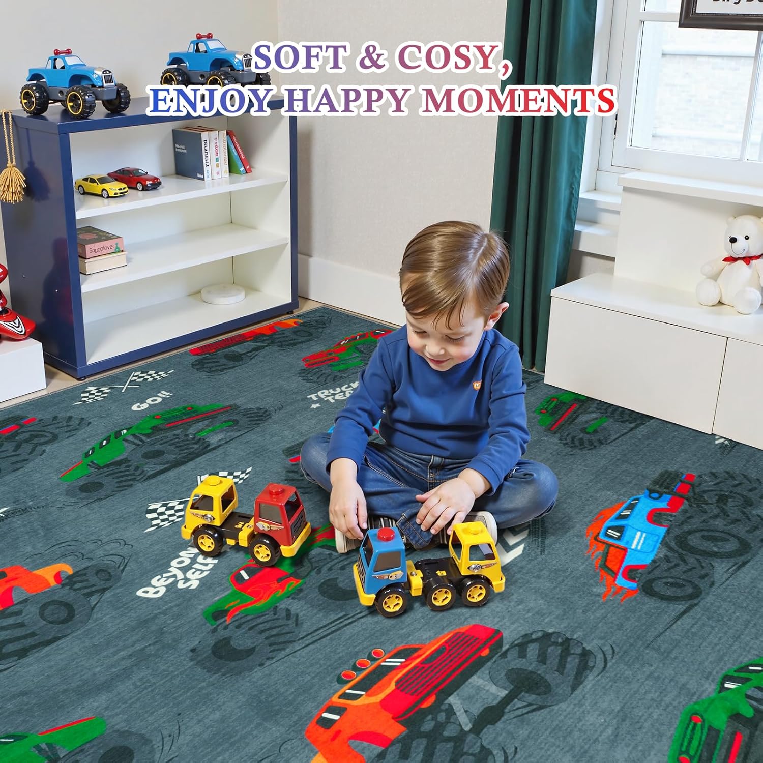 STARUIA Grey Cool Race Truck Car Rugs for Boys Room, Large 5x7 Washable Kids Rug for Bedroom, Soft Boys Play Rug Construction Carpet for Kids Room Playroom Living Room