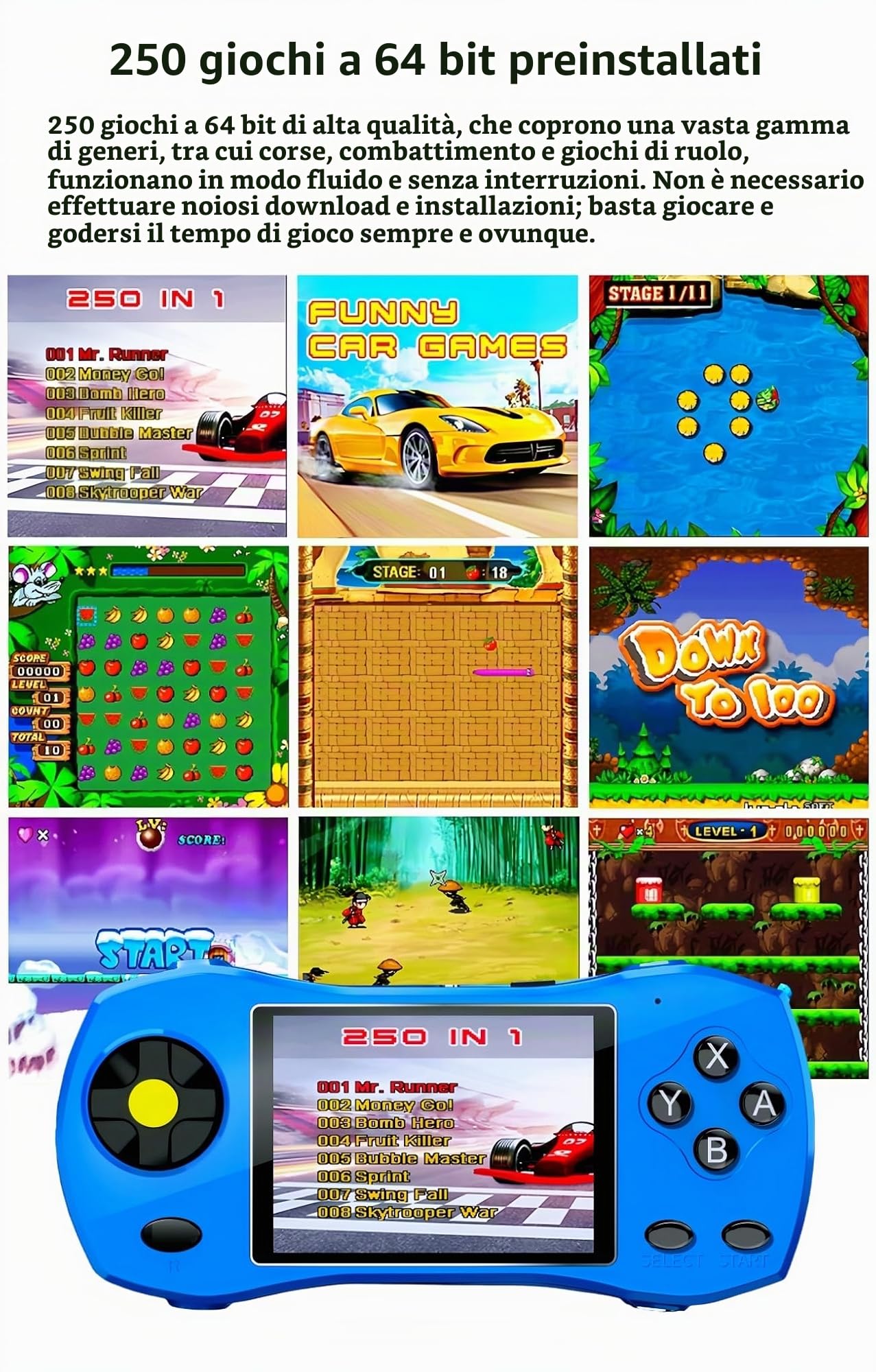 JXD 3.0" HD Videogioco Portatile per Bambini Design di Auto Sportiva 250 Giochi a 64 bit Preinstallati Collegabile alla TV Giocattoli Puzzle Retrò Portatili per Bambini Scelta