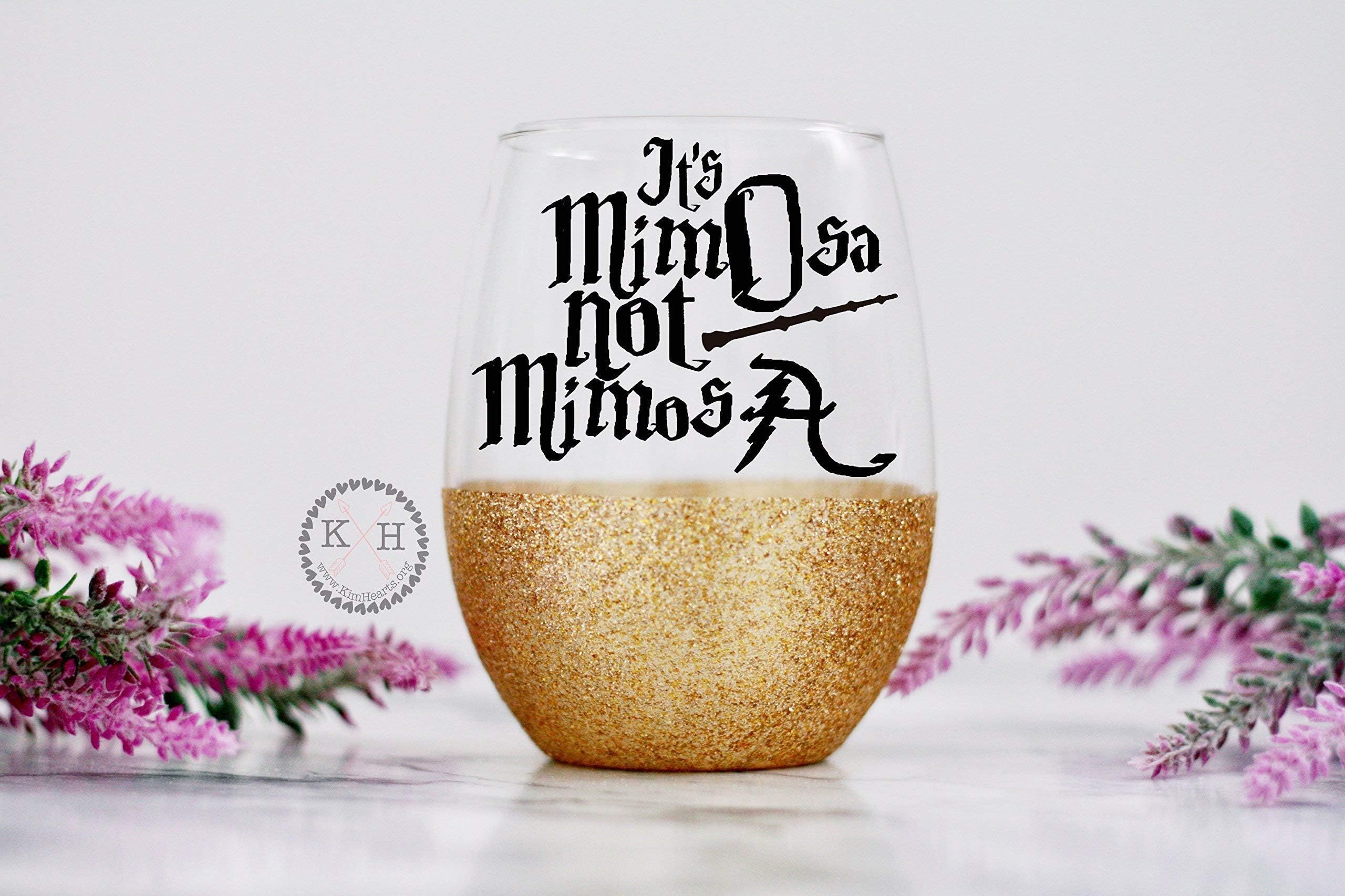 Potter Wine Glass, It's Mimosa Not Mimosa, Glitter Wine Glass, HP Bachelorette Party, HP Wedding, Wizard wine glass, Gifts for a nerd, Harry Wine Glass