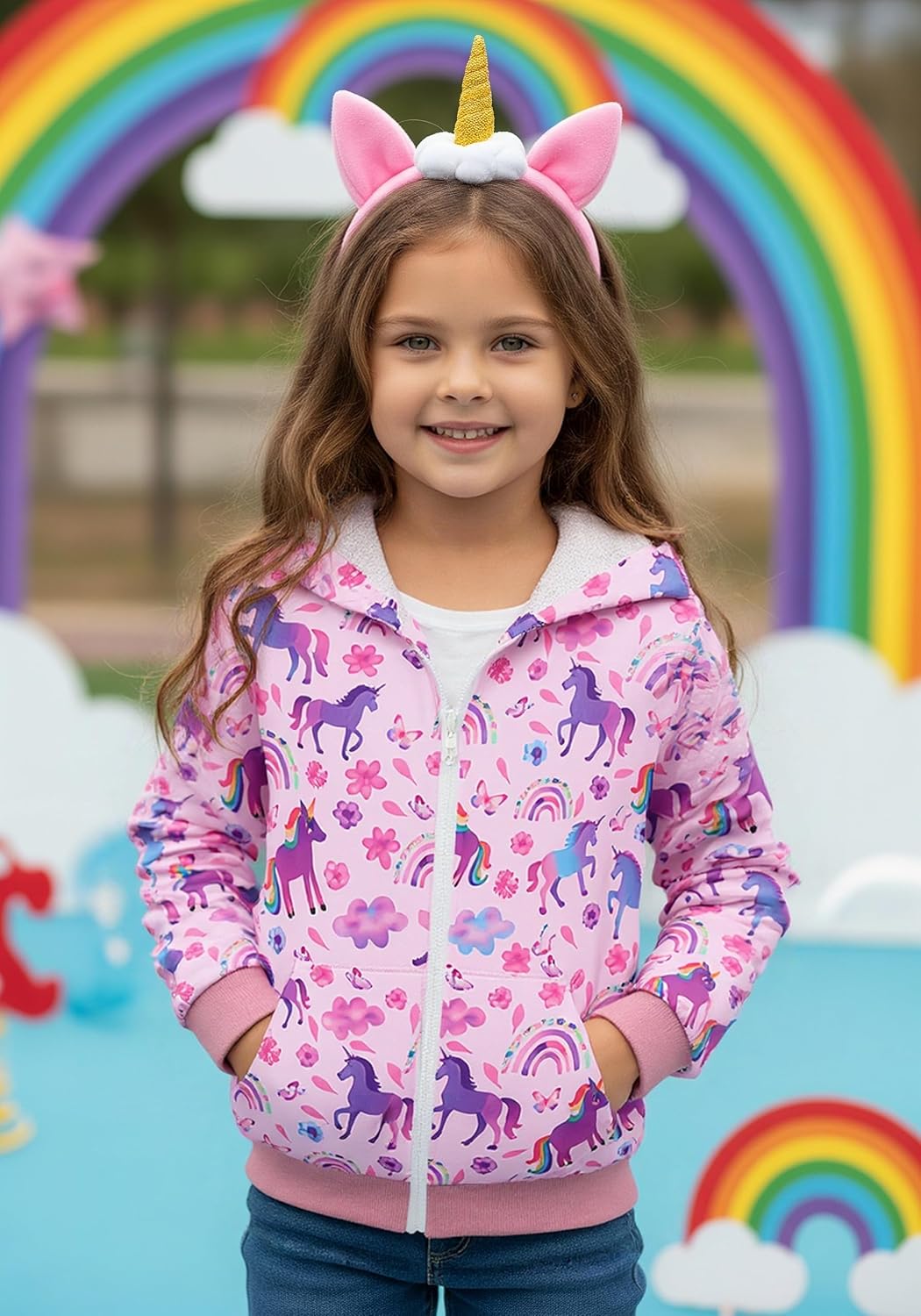 Frogwill Girls Zip Up Hoodie Sweatshirt Toddler Tween Kids Graphic Jackets Rainbow Unicorn Floral Printed