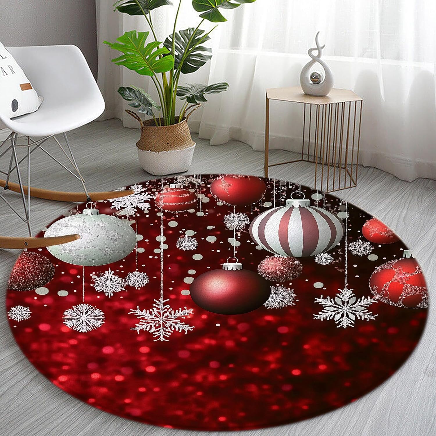 Blue Christmas Ball Round Rug Xmas Snowflake Merry Christmas Winter Holiday for Entryway Living Room Bedroom Home Decor 4ft