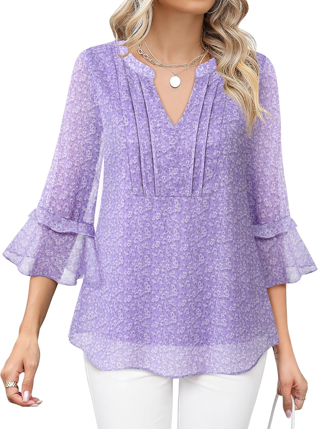 Furnex Womens 3/4 Sleeve Tops Dressy Casual Elegant Blouses V Neck Shirts Floral Double Layered Chiffon Tunic